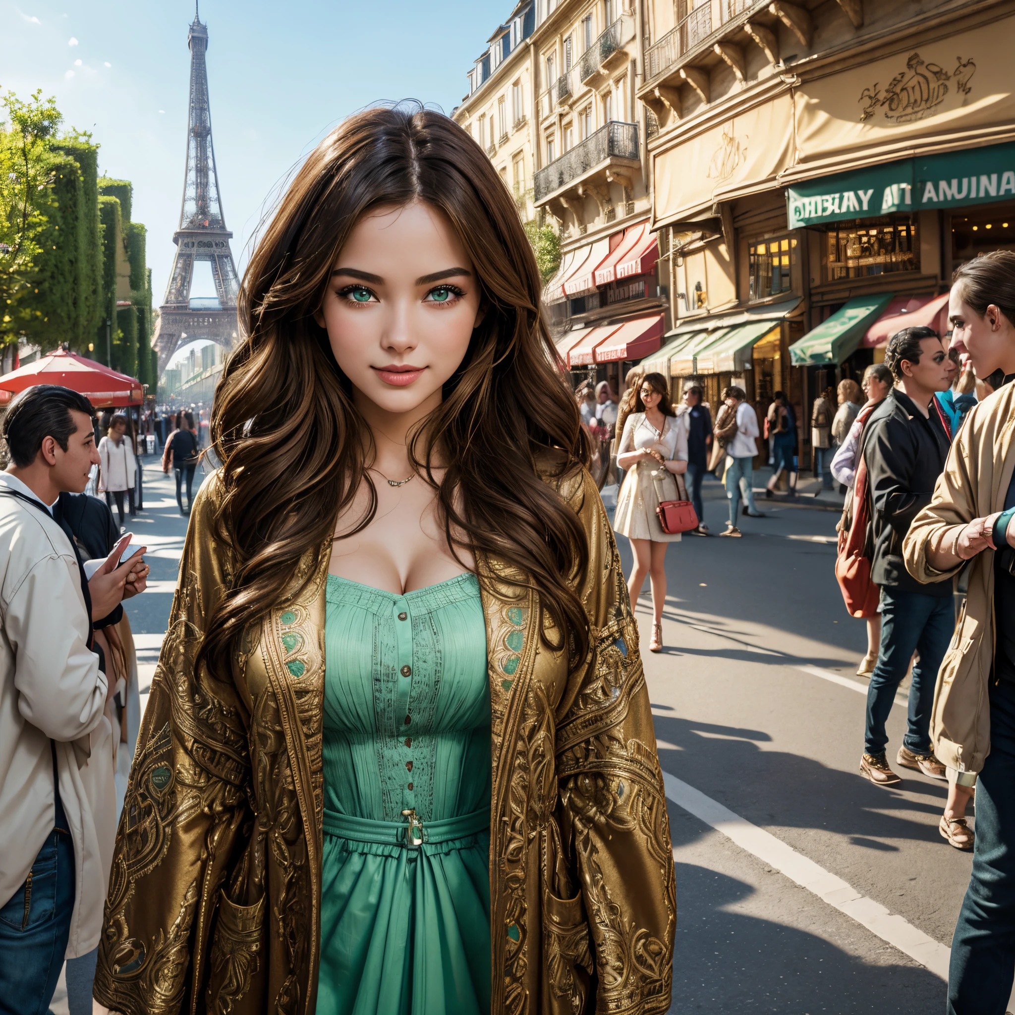 a scene in a crowded France with a beautiful fashionable young woman: "Generates a vibrant visual representation of a stunning young woman at the Eiffel Tower in France. This captivating figure features deep, mesmerizing green eyes that reflect the infinite expanse of the sky Her loose brown hair shines with a touch of daylight, framing her perfect figure. She is adorned in fashionable and modern clothing that accentuates her curves and complements her beauty. The design of the fashionable clothing exudes confidence and style. The city around you is filled with a lively crowd of people of all ethnicities and tourists. The atmosphere is filled with the sounds of laughter, beautiful day and the joyful energy of a summer day by the Eiffel Tower. Capture the essence of leisure bathed in the sun and charm of this beautiful Caucasian woman against the backdrop of a lively city scene." Super realistic, super detailed, 8k HDR photo cinematic image, super high quality image, masterpiece, dynamic poses