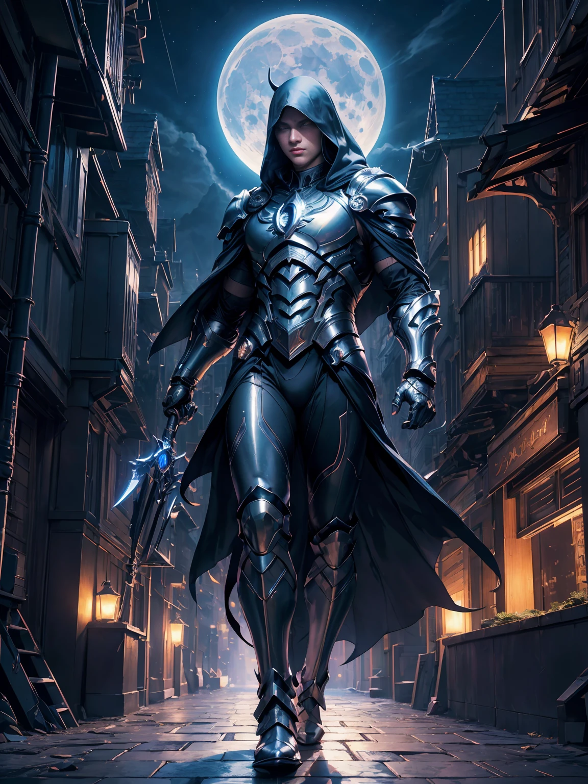 (best quality,4k,8k,highres,masterpiece:1.2),ultra-detailed,(realistic,photorealistic,photo-realistic:1.37),moon knight in moon light,digital painting,moonlit sky,charismatic warrior,strong and muscular body,crescent moon symbol,glowing white eyes,silver armor,powerful cloak,dynamic pose,twisted trees,ominous shadows,mysterious atmosphere,nighttime cityscape,cobblestone streets,dark alleyways,towering buildings,moonlight reflections,complex background,skyscrapers in the distance,detailed textures,vivid colors,expressive brushstrokes,high contrast lighting,rays of moonlight,abstract patterns,enchanted ambiance.