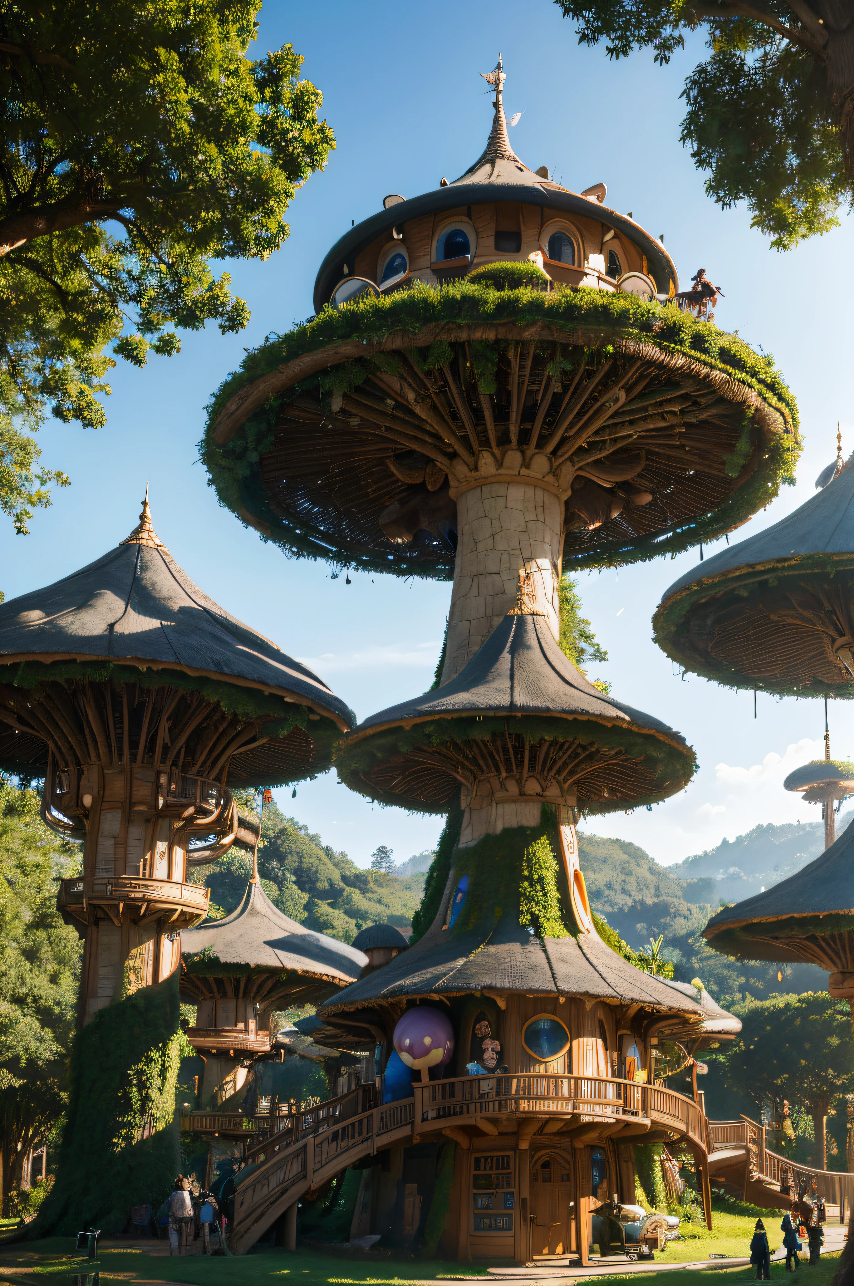 Cartoon illustration of a group of people in the forest with a huge mushroom house, zootopia concept art, flying trees and park items, Concept art is very detailed, Battle of the Treehouse, amusement park interior design, concept art by disney, published art, Colorful architectural drawings, award winning concept art, adventure playground, weta studio concept art, Colorful concept art,4K