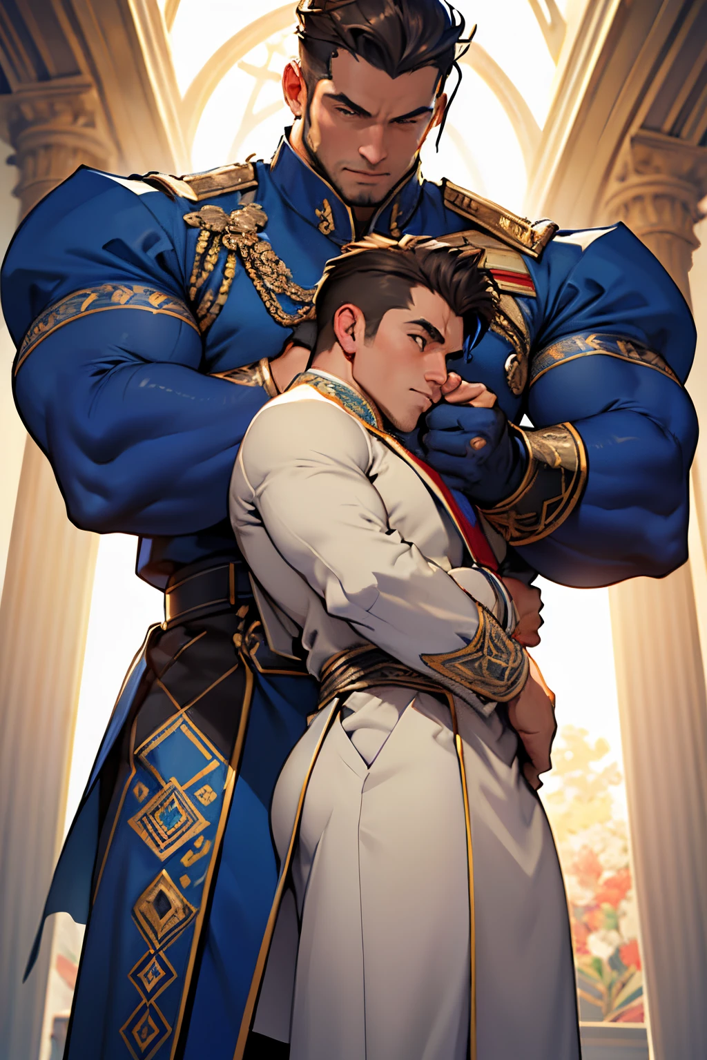 ((masterpiece)),((bestquality)),8k,high detailed,ultra-detailed, Neutral Expression, Stylish Pose, real skin texture, cinematic lighting, extremely masculine muscular men,size difference, macrophilia, giant 
Gay couple in the style of royal blue, one man 3x taller than the other