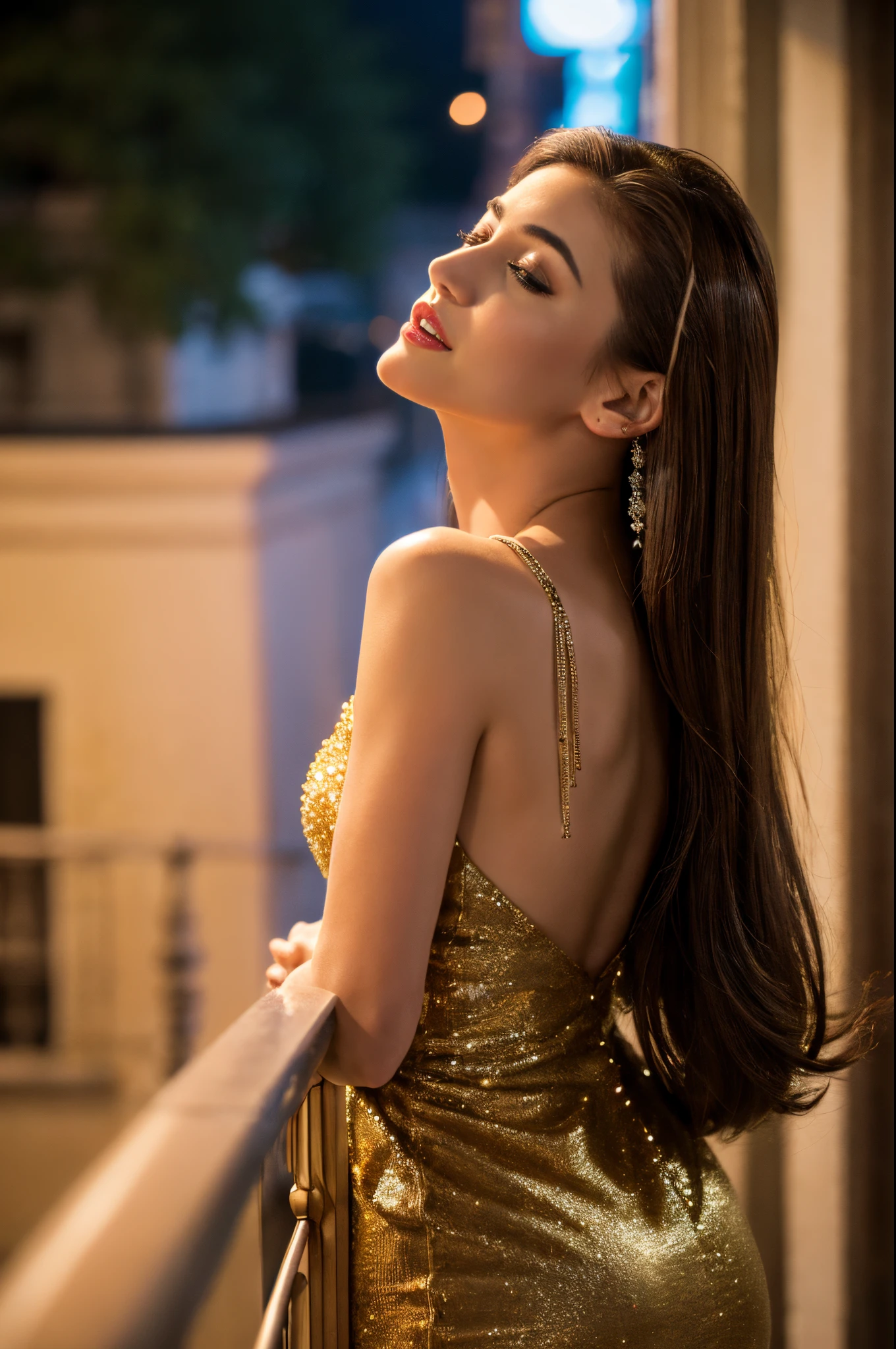 "She wasn't doing a thing that I could see, except standing there, leaning on the balcony railing, holding the universe together." cowboy shot, high angle shot. award-winning glamorous photography,((best quality)), (((masterpiece)), ((realistic)), beautiful 28-year-old woman, (long brown hair), brown eyes, innocent, a beautiful brunette woman ((her head tilted back)), dreamy expression, ((eyes open)), wearing an evening dress