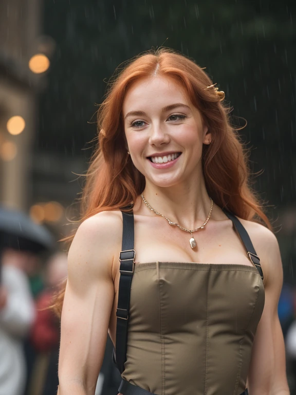 attractive welsh woman, ripped muscle, muscular body, pale skin, smile(blush), nude, military harness, thin necklace, [ultra detailed skin:1.2], ginger hair, long hair, 8k uhd, full body, stand, crowd, public, rain,