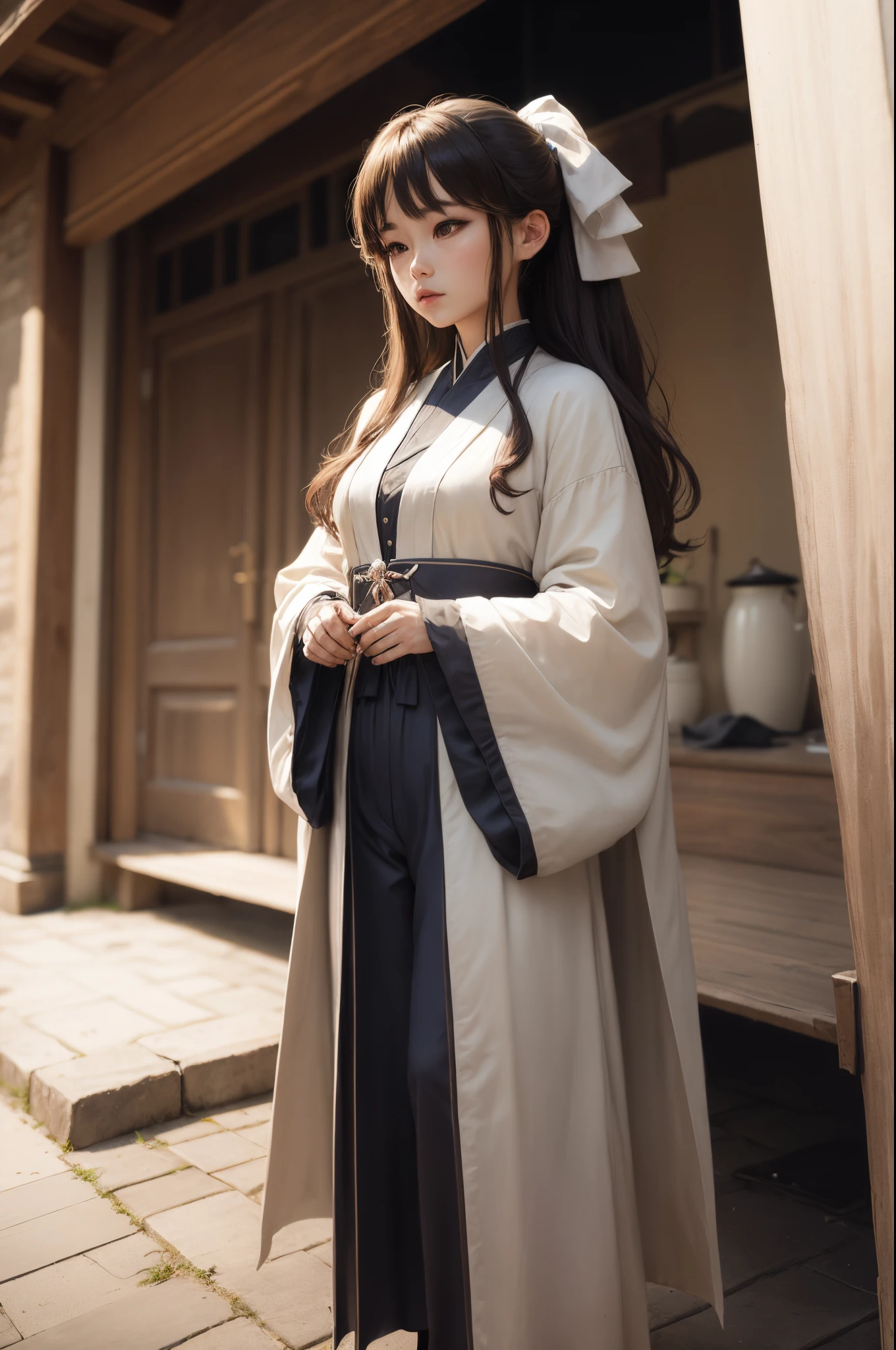 water ink，period costume，long white robe，brunette color hair，Long hair tied up，Baiqiu，are standing，Holding a scroll