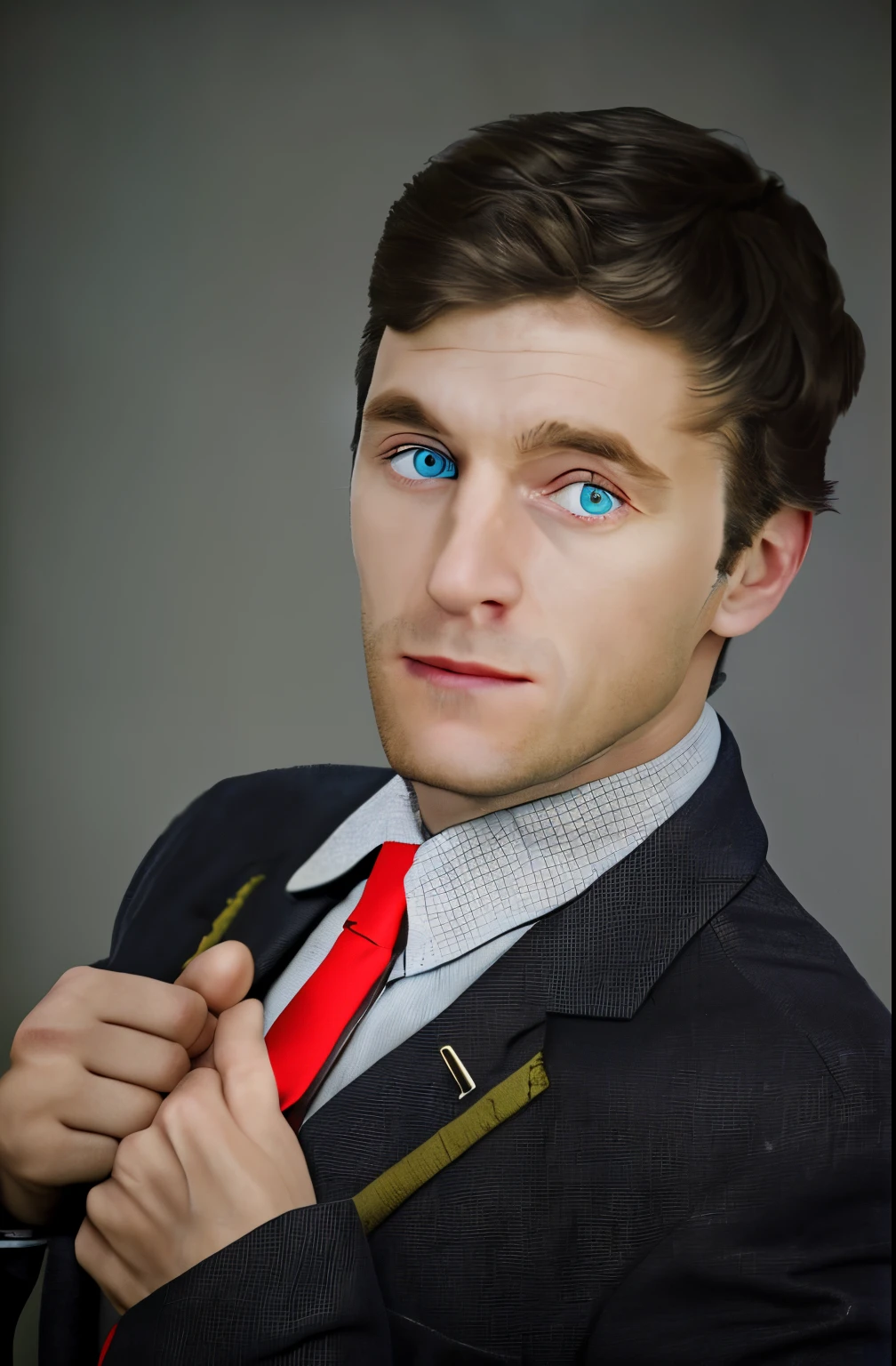 Man in jacket, Shirt, red tie, Cyan eyes, looks young, slightly unshaven