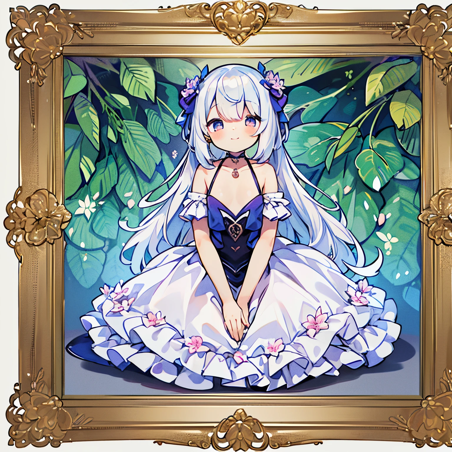 (Botanical art background:1.5), (Gorgeous frame on all sides:1.5), absolutely resolution, hight resolution, Texture, SSR Card, (masutepiece), (Best Quality ), (lots of lilies:1.0), a smile、
1girl in, (Front view:1.5), (doyagao:1.3), Smile, (very detailed beautiful face and eyes), (violet eyes:1.1), Small breasts, 16 yo, Shiny skin, (Dress), Full body, Looking at Viewer, (Silver hair:1.0), (Straight hair:1.0), (Long hair), (hime-cut:1.1),