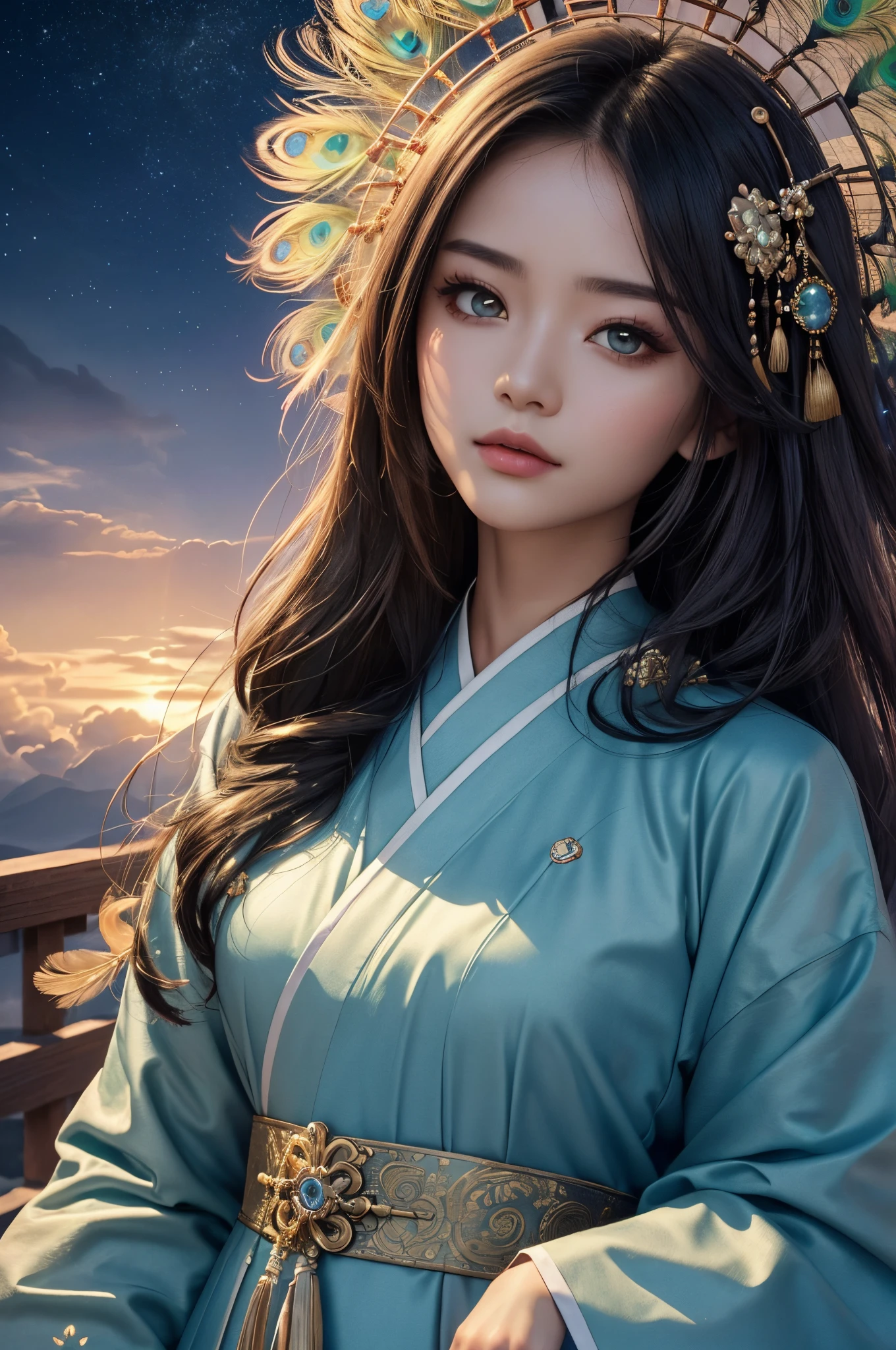 (tmasterpiece, top-quality, Best quality at best, extreme hight detail, extreme hight detail, offcial art, Beauty and aesthetics: 1.2), asiagirl,  upperbody shot, pretty  face, Alone, perfect bodies, Fly in the sky, portrait of one girl, Silver gradient hair, brunette color hair, faeries, Ambilight, (sexy for), suns rays, ​​clouds, Hanfu, Chinese clothes, Eau, glowworm , the night, starrysky, jewely, feathers on clothes, Peacock feathers, Light particles,