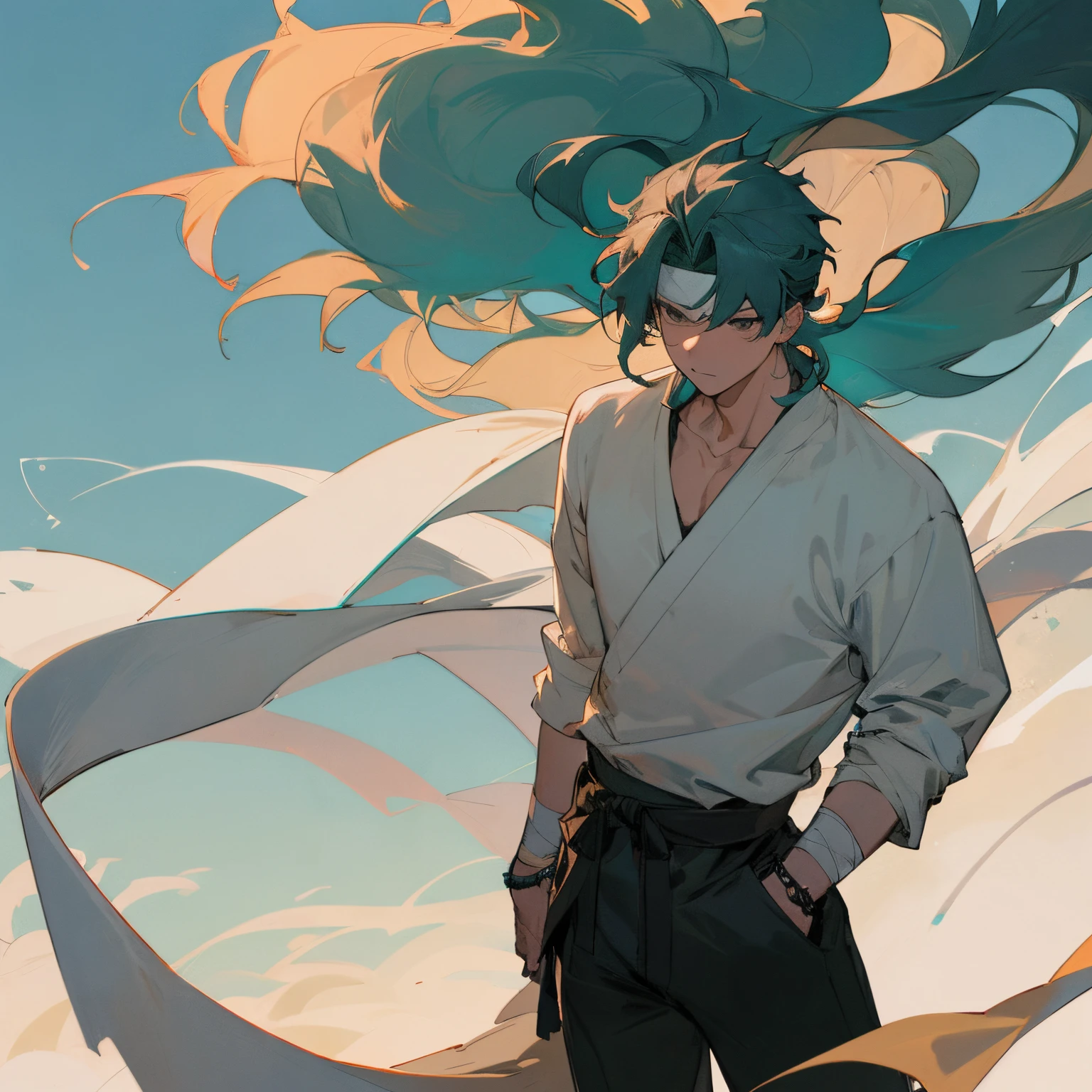Medium Length Spiky Wavy hair , headband , bracelet , bandage on one arm , Teal Colored Hair , brown eyes , White Longsleeve shirt and black pants , martial Arts Outfit, Modern Tournament Arena Background , standing infront of street , Messy Hair , 1male , Male , Lean Muscular Build , Masterpiece Quality , perfect generation