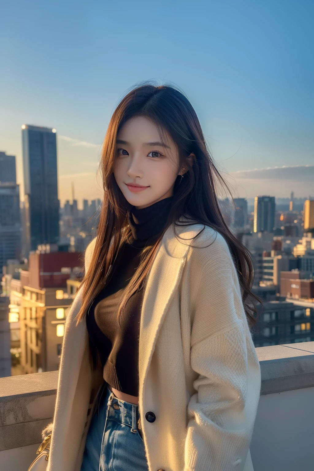 (Transcendent beauty:1.2), modeled, 25-years old, kawaii faces, The best smile, Gravure photos for fashion magazines, masterpiece, top-quality, winning artwork, ((hight resolution)), ((the Extremely Detailed CG Unity 8K Wallpapers)), Great skin, (Random Hair Styles), Perfect body line, Slender body, Clothes of prestigious brands, Autumn outfit, Classy and fashionable atmosphere, captivating and enticing, Sexy Girl, Stand against the backdrop of the city skyline, Autumn glow