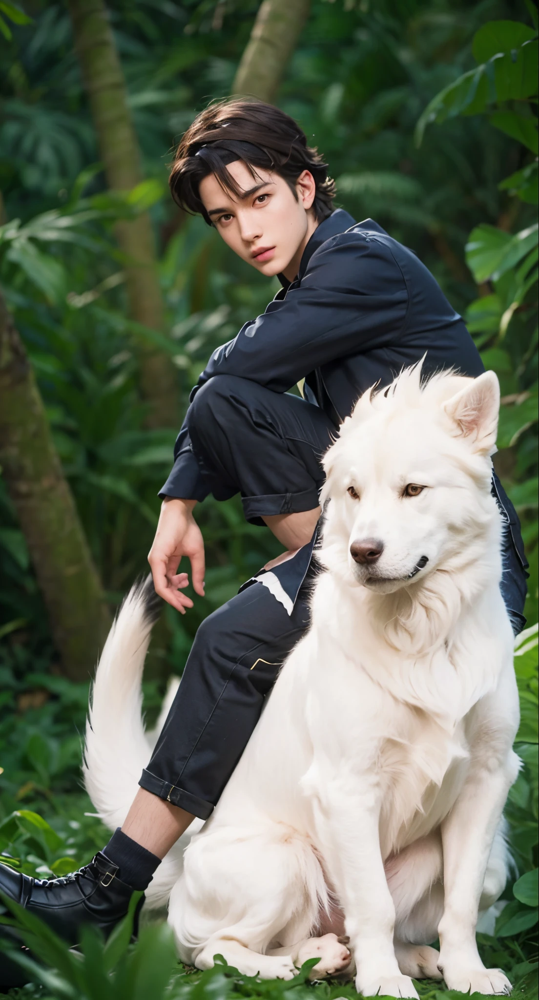 Real life adaption of this character ,teen handsome man,realistic same spiky hair , (realistic same outfit wear same headband ), realistic jungle background , realistic light, realistic shadow, realism, hyper realistic,(photorealistic:1.2), realistic big white dog with The fur is thick and same normal ears