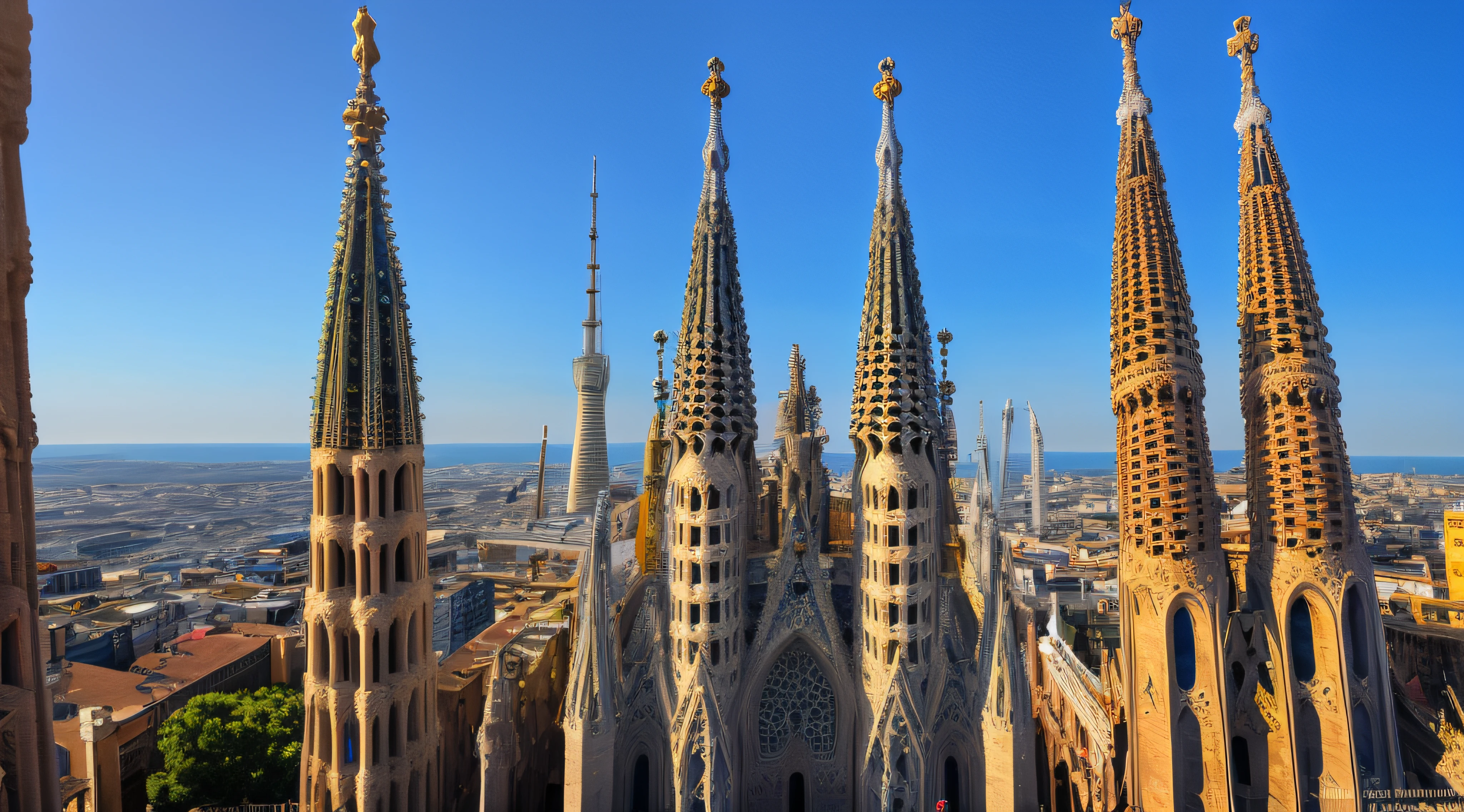 Tower of the Sagrada Familia Temple of Atonement,four fantastical towers rising into a clear blue sky, each adorned with intricate patterns and vibrant mosaics. The design should evoke a sense of awe and wonder, with each tower featuring a unique blend of geometric shapes and a crown of decorative elements that shimmer in the sunlight. The scene should be set above a distant city skyline, hinting at an otherworldly architecture
