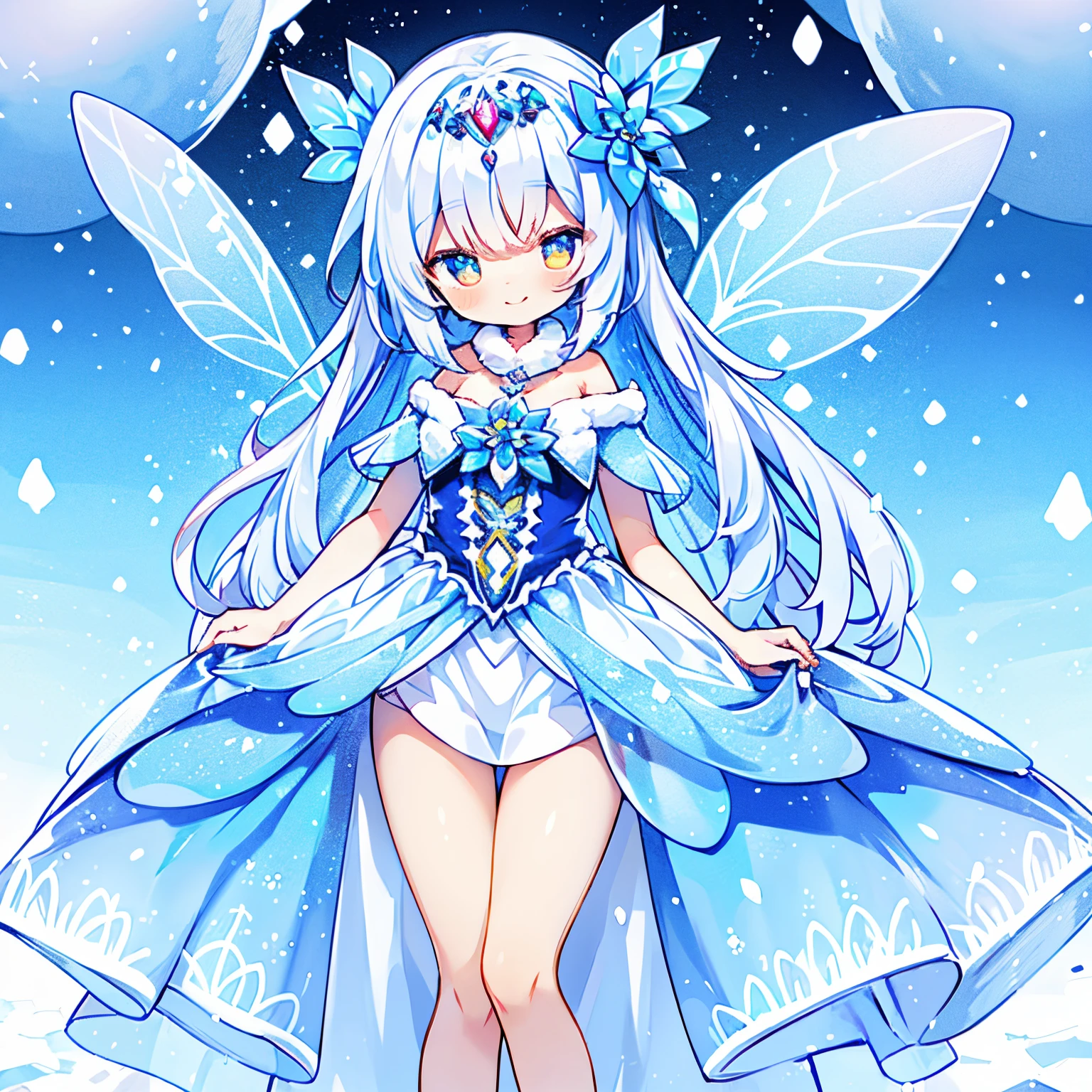 a smile、full bodyesbian、Ice fairy flying in powder snow. Beautiful face and brightly colored glowing eyes. She wears a costume decorated with snow and ice crystals.. Fantastic ice flowers blooming on a snowy field. Detailed drawing. Vivid colors. High image quality.