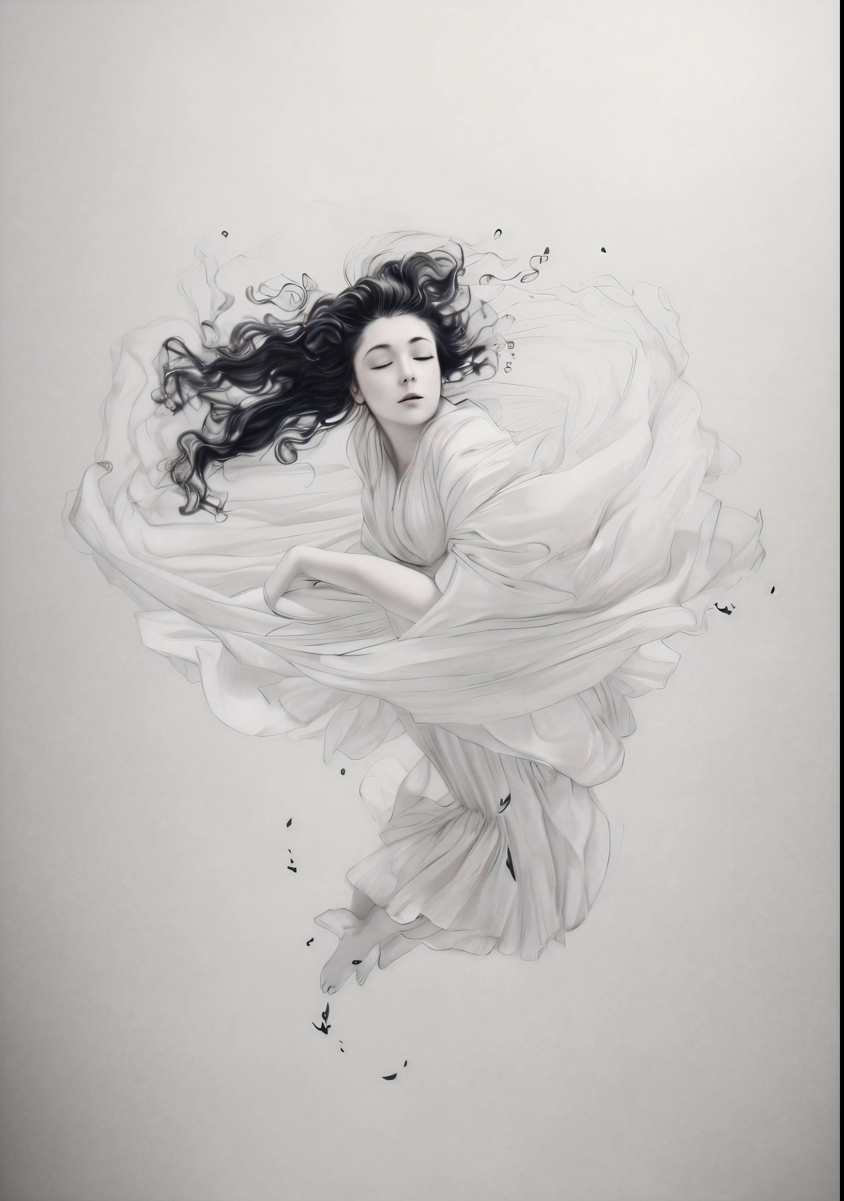 a drawing of a woman wearing very long dress, extremely fine ink lineart, loli in dress, floating in perfume, dramatic floating pose, official illustration, elegant floating pose, inky illustration, dramatic magic floating pose, colorless, floating drowned, charlie bowater art style, she is floating in the air, clothes floating, black and white sketch
