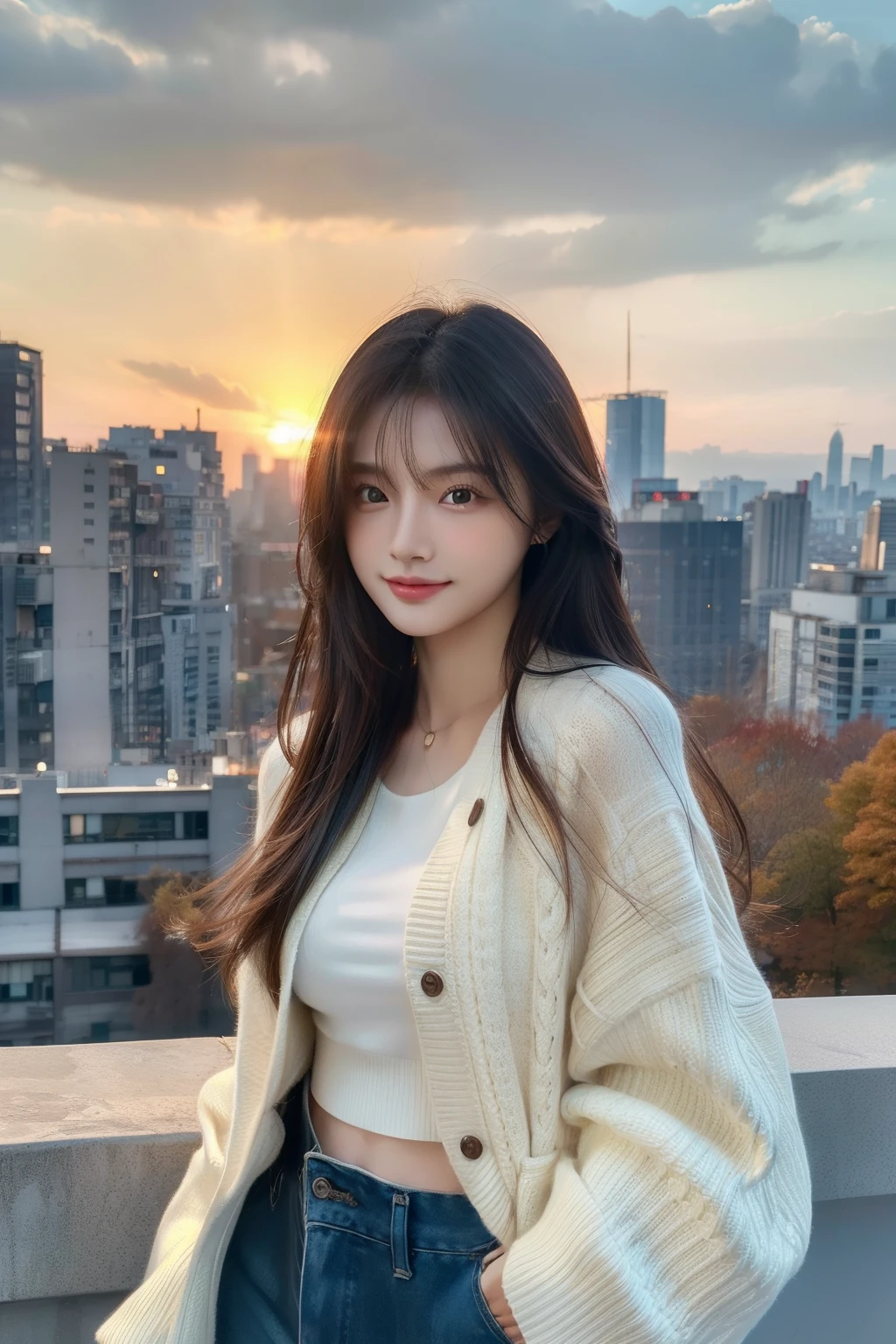 (Transcendent beauty:1.2), modeled, 25-years old, kawaii faces, The best smile, Gravure photos for fashion magazines, masterpiece, top-quality, winning artwork, ((hight resolution)), ((the Extremely Detailed CG Unity 8K Wallpapers)), Great skin, (Random Hair Styles), Perfect body line, Slender body, Clothes of prestigious brands, Autumn outfit, Classy and fashionable atmosphere, captivating and enticing, Sexy Girl, Stand against the backdrop of the city skyline, Autumn glow