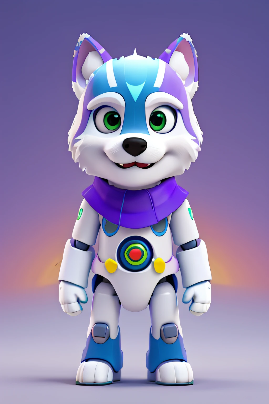 Robot in the shape of a Siberian Husky dog, cute, bright colors, colors like a rainbow, purple, blue, green, yellow, red, cute smile, white background, eye level.