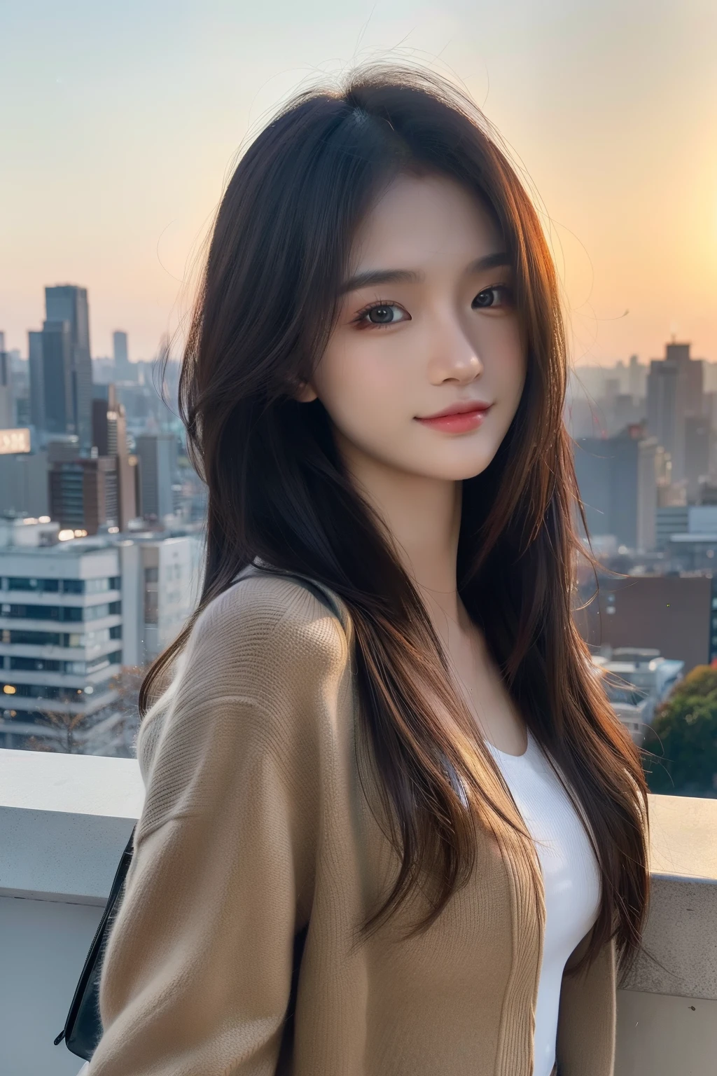 (Transcendent beauty:1.2), modeled, 25-years old, kawaii faces, The best smile, Gravure photos for fashion magazines, ​masterpiece, top-quality, winning artwork, ((hight resolution)), ((the Extremely Detailed CG Unity 8K Wallpapers)), Great skin, (Random Hair Styles), Perfect body line, Slender body, Clothes of prestigious brands, Autumn outfit, Classy and fashionable atmosphere, captivating and enticing, Sexy Girl, Stand against the backdrop of the city skyline, Autumn glow