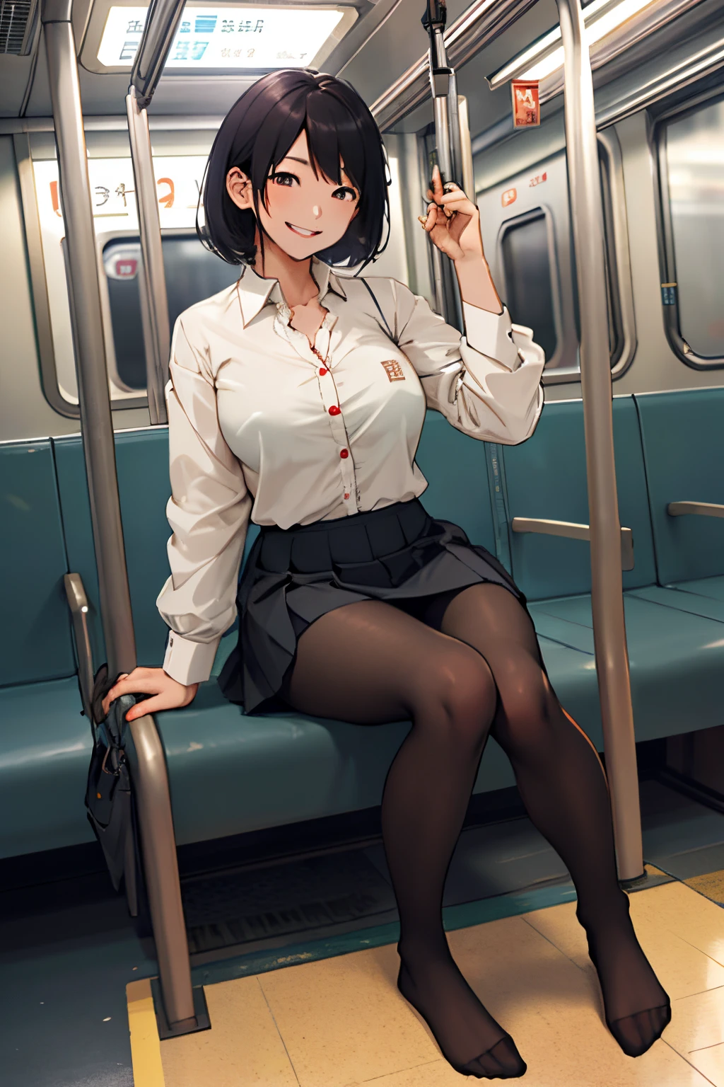 Asian female, wearing short skirt, pantyhose, not wearing shoes, no shoes, tight button down shirt , big tits, sitting inside subway train、smiling,