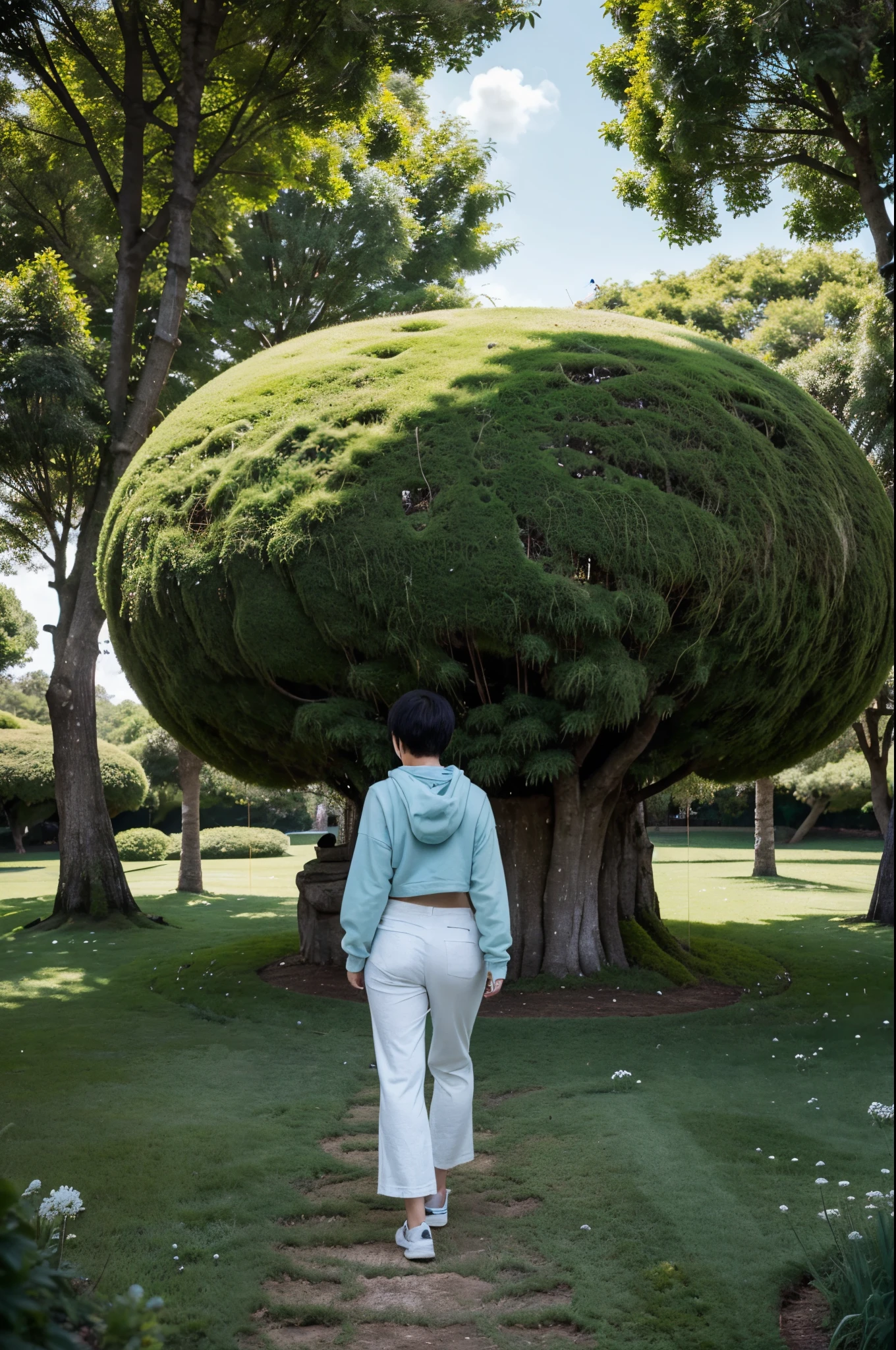 Back view of Asian girl with short hair walking on the grass,hoody,white wide-leg pants,Surrounded by 3D giant circles and spheres of green moss, Giant light blue inflatable spherical device,k hd