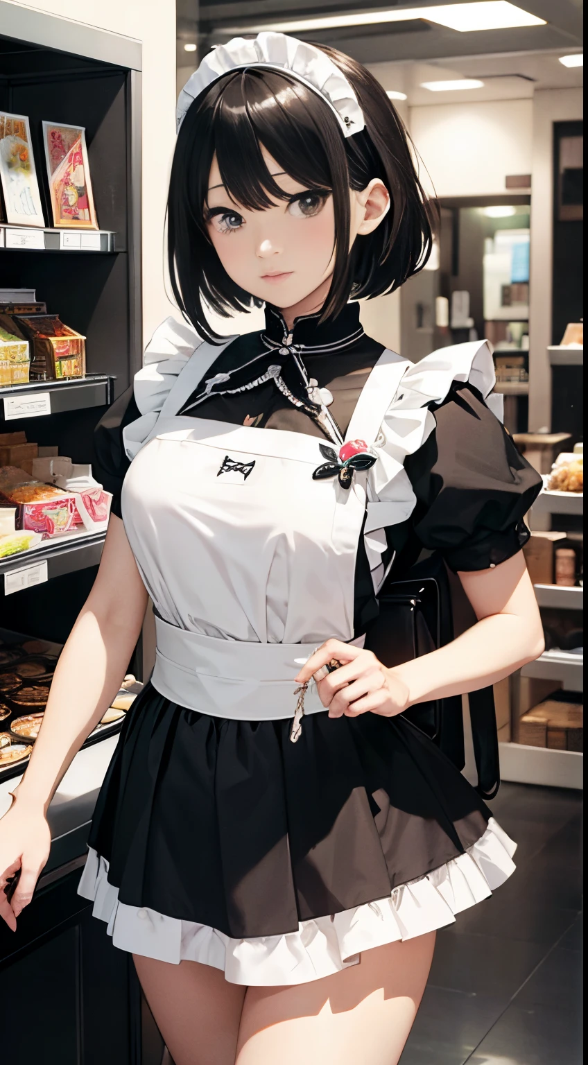 Arina Tanemura, Cocoa Fujiwara, Kay Nielsen, surreal, mysterious, strange, bizarre, fantasy, Sci-fi, Japanese anime, android miniskirt beautiful maid, short hair, boyish, perfect voluminous body, sexy erotic provocative, Preparing tea, shopping for sweets, maid confused about which one to choose, all looks good, at sweets shop, hyper detailed masterpiece, hand drawings fine lines, depth of field cinematic lighting hyper realistic