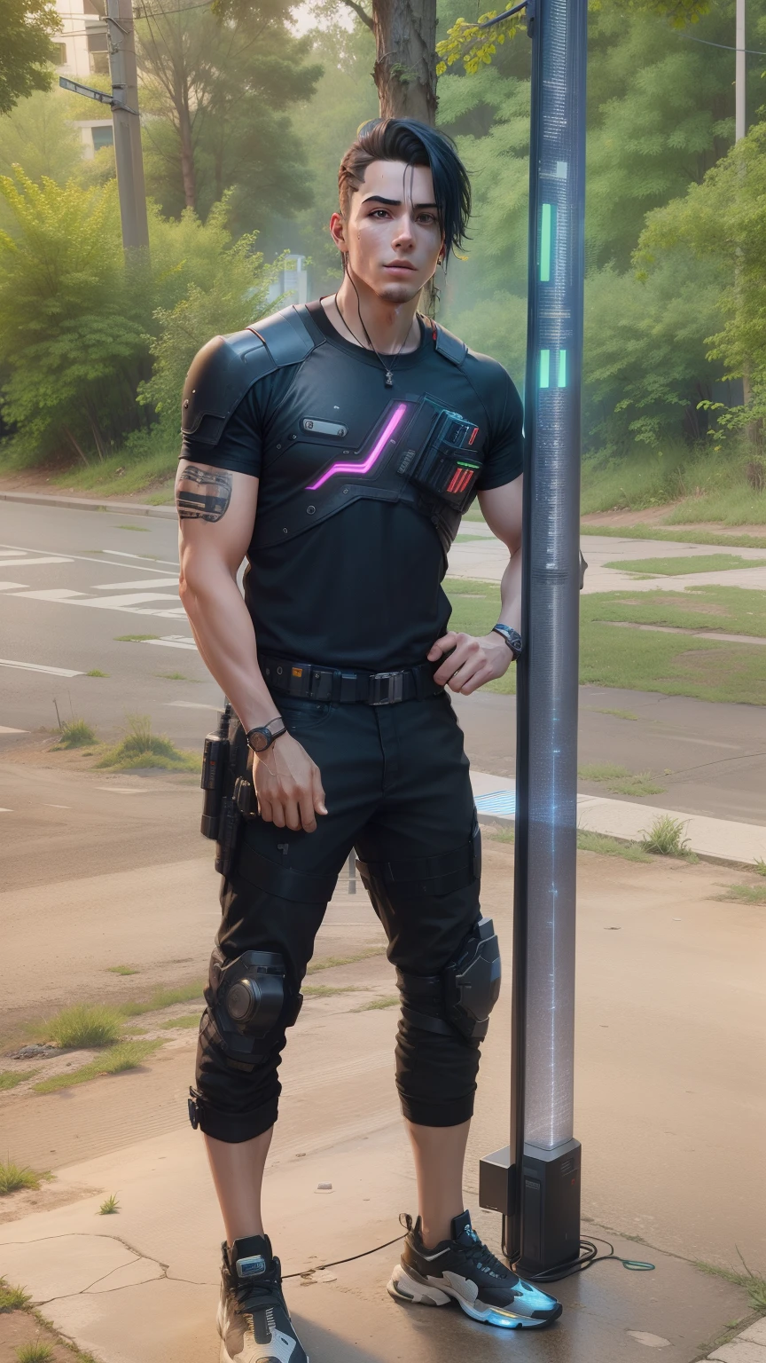 A muscular white man, standing straight, long brown hair pulled in a ponytail, in an abandoned mall covered in overgrowth, wearing military fatigues, purple eyes, purple glowing lighting bolt shaped scars on his face only, glowing irises, wearing a military shirt