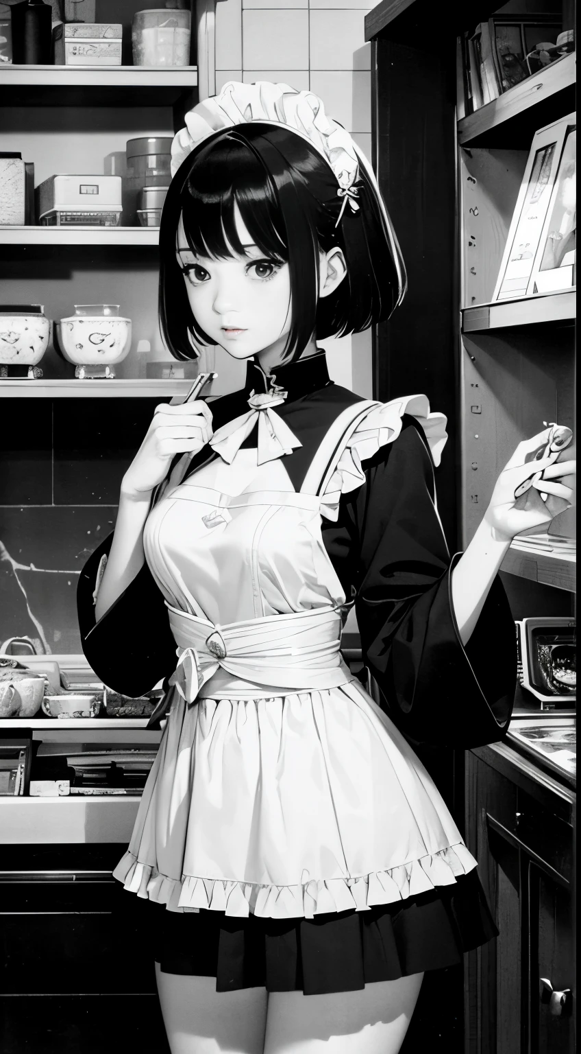 Arina Tanemura, Cocoa Fujiwara, Kay Nielsen, surreal, mysterious, strange, bizarre, fantasy, Sci-fi, Japanese anime, android miniskirt beautiful maid, short hair, boyish, perfect voluminous body, sexy erotic provocative, Preparing tea, shopping for sweets, maid confused about which one to choose, all looks good, at sweets shop, hyper detailed masterpiece, hand drawings fine lines, depth of field cinematic lighting hyper realistic