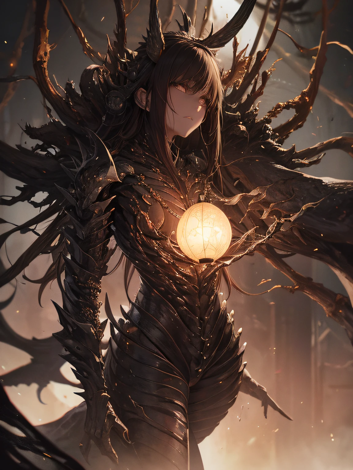 ((biopunk art)), ((biopunk atmosphere)), (beautiful biopunk anime girl), (radiant skin), steel sharp teeths, lamp glowing eyes, very long brown hair, short insect clothing, symbolizes with hands, gloomy sign, gloomy cold lighting, (scorn videogame style), horror atmosphere, (presence of something terrible), highly detailed biopunk background, background by Hans Giger, perfect anatomy, masterpiece