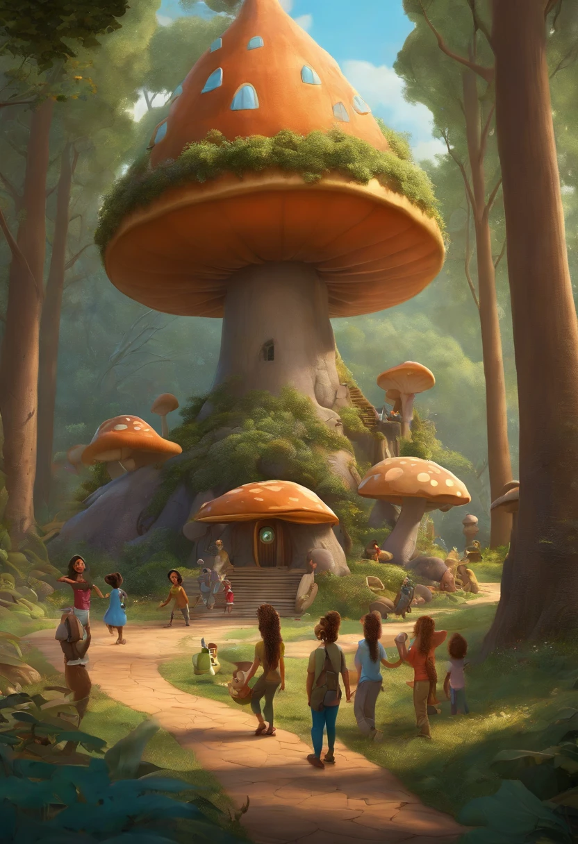 Cartoon illustration of a group of people in the forest with a huge mushroom house, zootopia concept art, flying trees and park items, Concept art is very detailed, Battle of the Treehouse, amusement park interior design, concept art by disney, published art, Colorful architectural drawings, award winning concept art, adventure playground, weta studio concept art, Colorful concept art,zoo