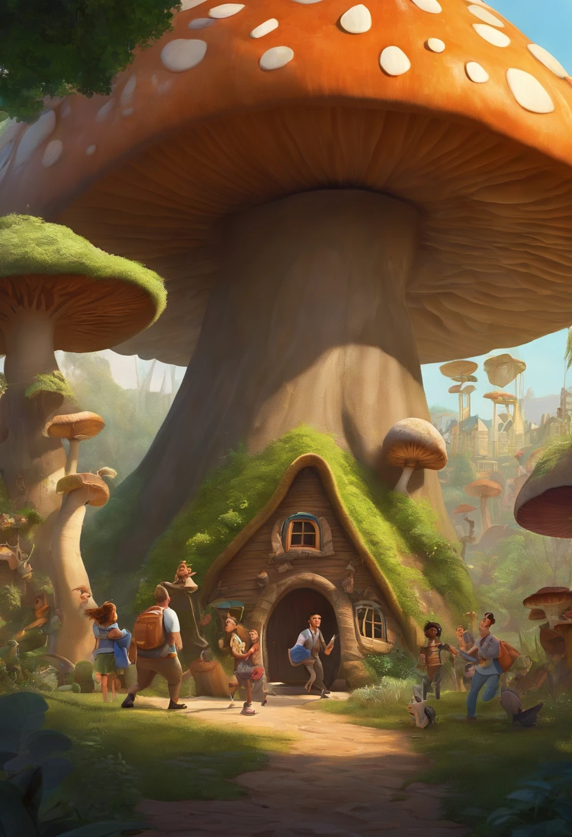 Cartoon illustration of a group of people in the forest with a huge mushroom house, zootopia concept art, flying trees and park items, Concept art is very detailed, Battle of the Treehouse, amusement park interior design, concept art by disney, published art, Colorful architectural drawings, award winning concept art, adventure playground, weta studio concept art, Colorful concept art,zoo