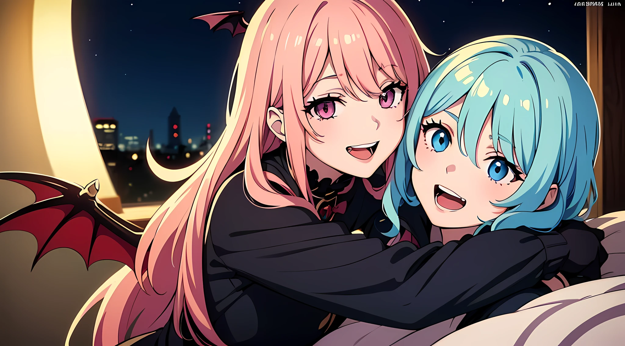 (2 vampire girl), (beatiful eyes finely detailed, face to detail, two tone hair color, have bat wings), knight armored, laughing and joking, hugging each other, on top of the bed, middle age bedroom, night time, masterpiece, top-quality, detailed, high resolution illustration.