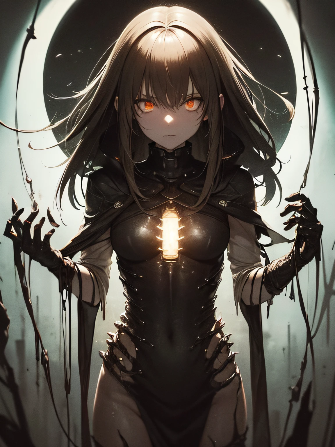((biopunk art)), ((biopunk atmosphere)), (beautiful biopunk anime girl), (radiant skin), steel sharp teeths, lamp glowing eyes, very long brown hair, short insect clothing, symbolizes with hands, gloomy sign, gloomy cold lighting, (scorn videogame style), horror atmosphere, (presence of something terrible), highly detailed biopunk background, background by Hans Giger, perfect anatomy, masterpiece