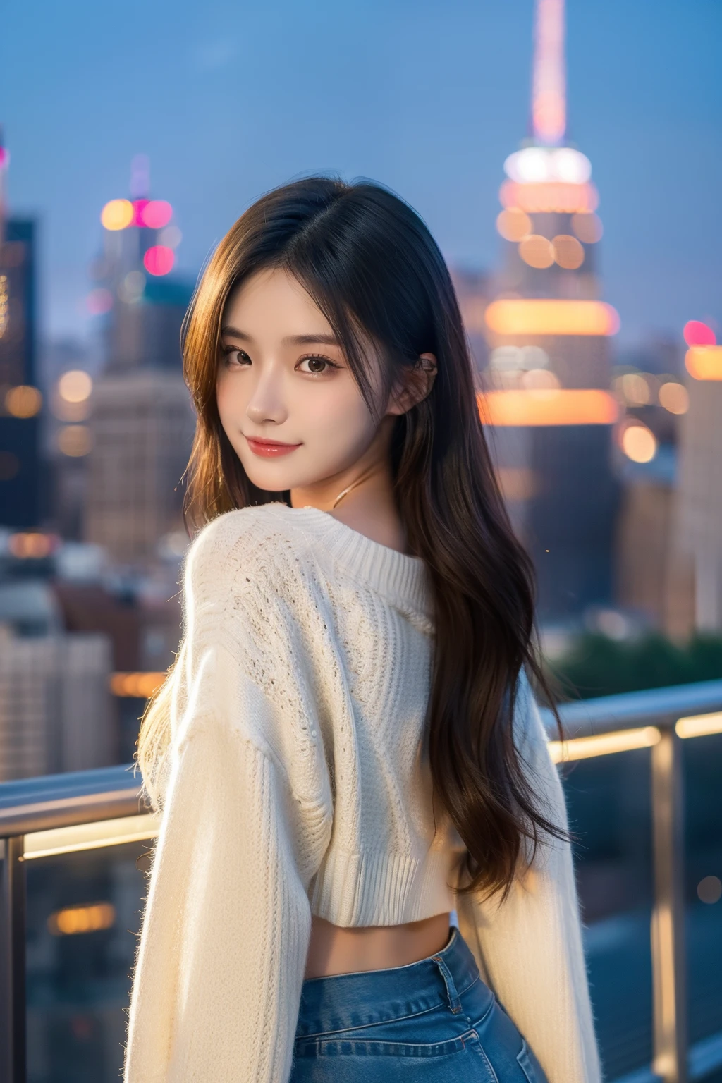 (Transcendent beauty:1.2), modeled, 25-years old, kawaii faces, The best smile, Gravure photos for fashion magazines, masterpiece, top-quality, winning artwork, ((hight resolution)), ((the Extremely Detailed CG Unity 8K Wallpapers)), Great skin, (Random Hair Styles), Perfect body line, Slender body, Clothes of prestigious brands, Autumn outfit, Classy and fashionable atmosphere, captivating and enticing, Sexy Girl, Stand against the backdrop of the city skyline, Autumn glow