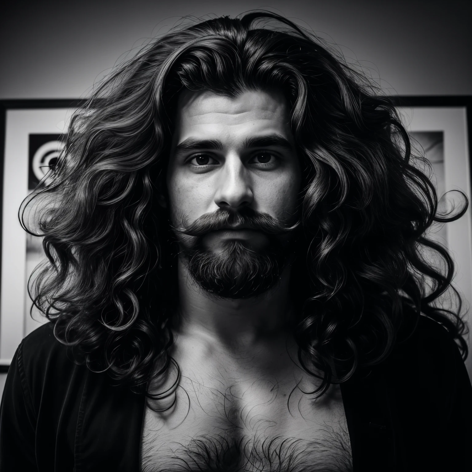 photographer,man,age,30,Fair-skinned,long-haired,big curly hair,There is a slight mustache.,holding a sony camera,In the middle of a black and white room,sunny