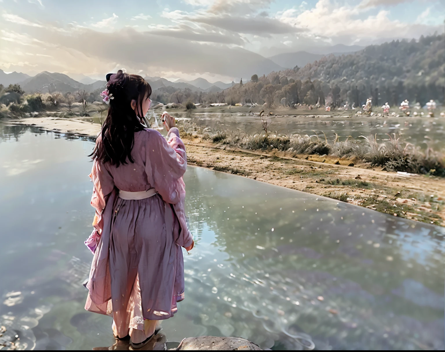 There was a woman walking along the pool, looking out at a pink ocean, pink water in big bathtub, Wear clothes made of water, stands in a pool of water, standing in a lake, Next to the reflected ocean, sitting in a reflective pool, Sit on the reflecting pool, Pink reflection, beautiful girl on the horizon