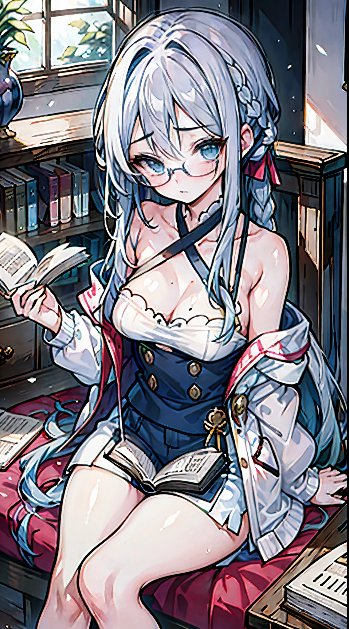 1girl, solo, book, blue eyes, long hair, sitting, white hair, glasses, braid, shorts, ahoge, hair ornament, off shoulder, holding, blue hair, indoors, looking at viewer, white hair, thighs, sweater, bare shoulders, bookshelf, reading, long sleeves, closed mouth, holding book, long hair, hair between eyes, couch, single braid, bare legs, open book, heterochromia, braided ponytail, hairclip, collarbone,