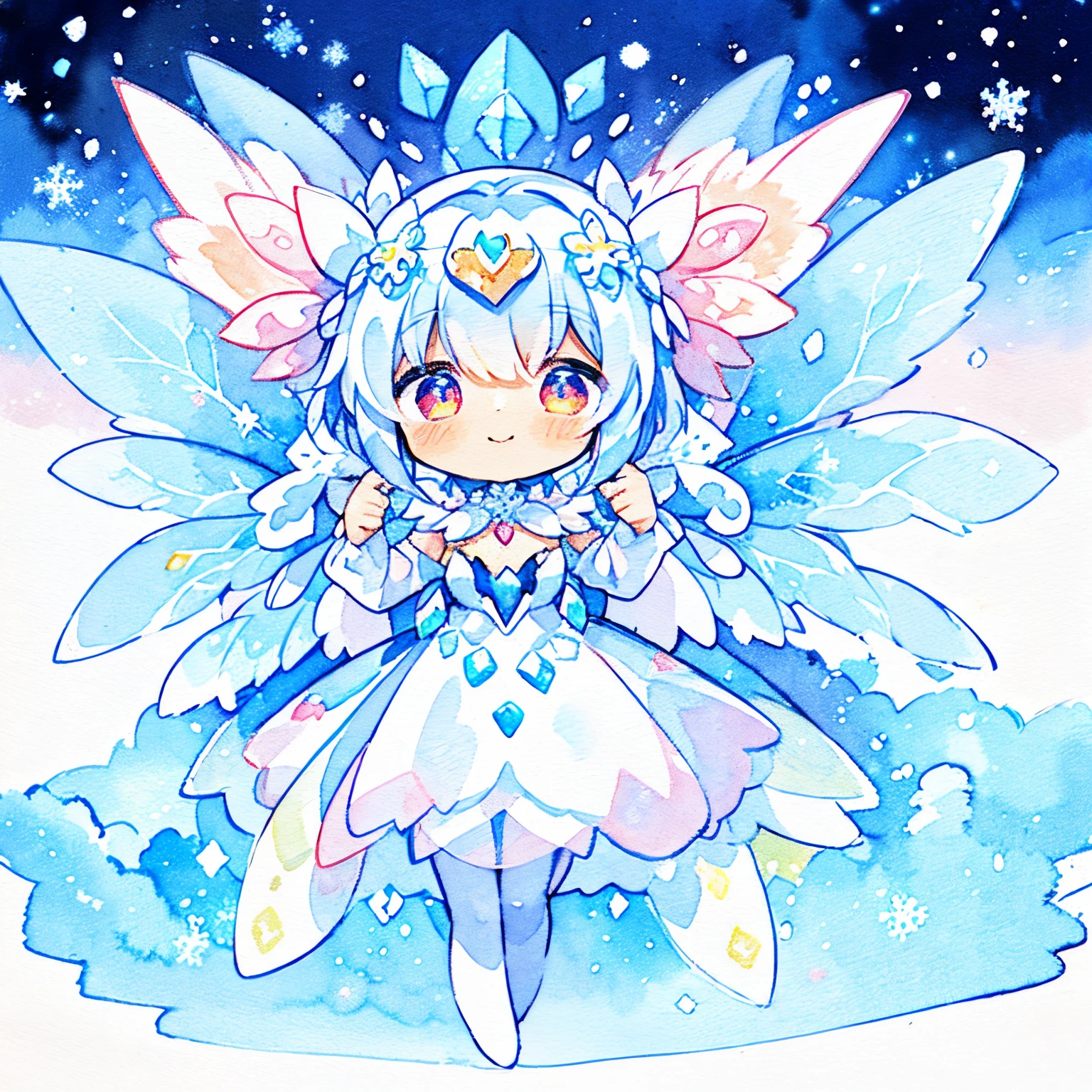 A smile、Ice fairy flying in powder snow. Beautiful face and brightly colored glowing eyes. She wears a costume decorated with snow and ice crystals...... Fantastic ice flowers blooming on a snowy field. Detailed drawing. Vivid colors. High image quality.from a 、(PastelColors:1.2)、(Cute illustration:1.2)、(watercolor paiting:1.2)、full body Esbian、levitation、Dutch Angle