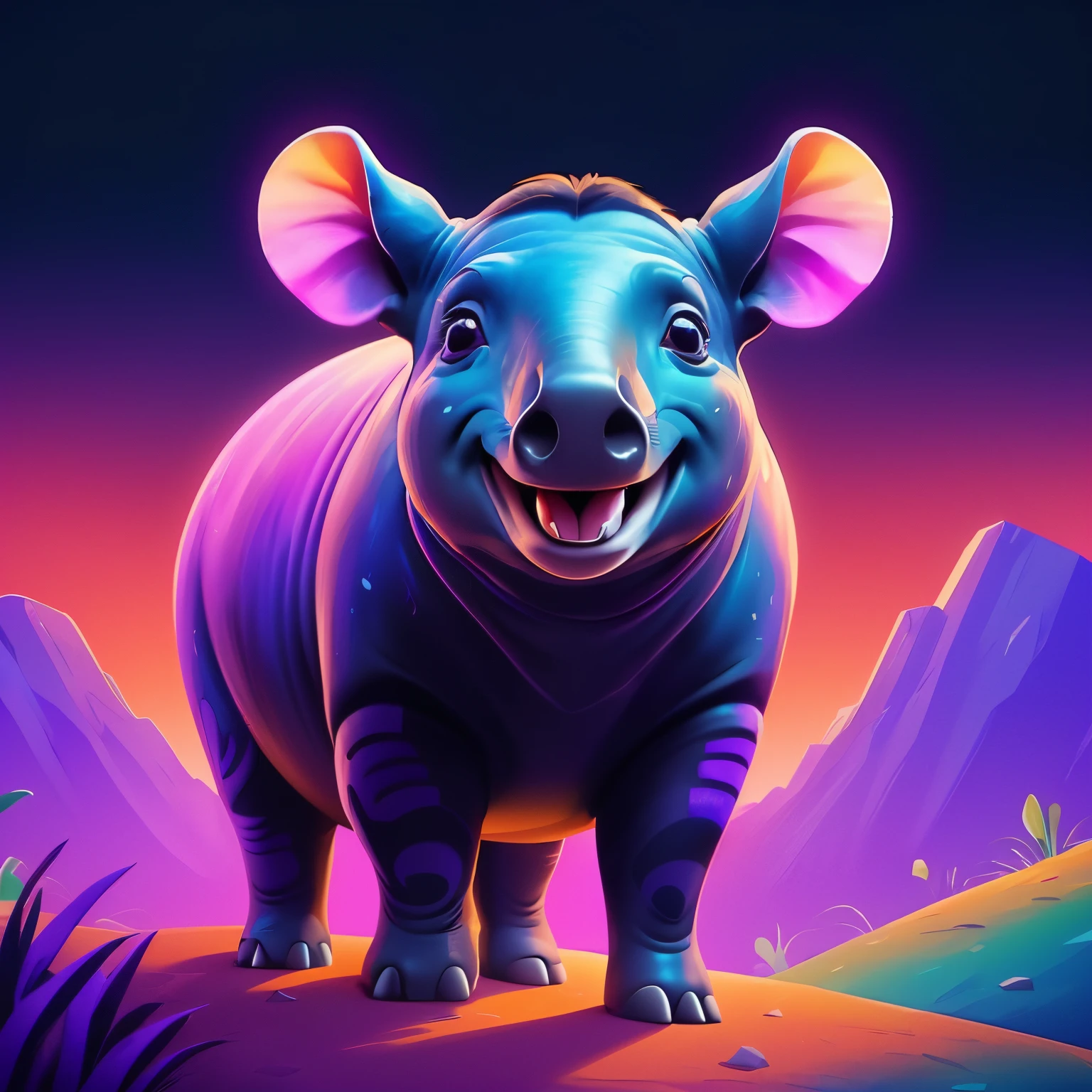 A detailed illustration of a smiling Malayan Tapir with a very very long nose and head up, round ears, happy face, standing up on the hill, bold neon colors, art by Mschiffer, purple, blue and orange pastel tetradic colors, 3D vector art, cute and quirky, art fantasy, watercolor effect, hand drawn, digital painting, low-poly, soft lighting, aerial view, retro aesthetic, character focused, 8K resolution, photorealistic rendering, using Cinema 4D, bold neon colors, UHD, bright background, camera shooting from lower and upward from sideway