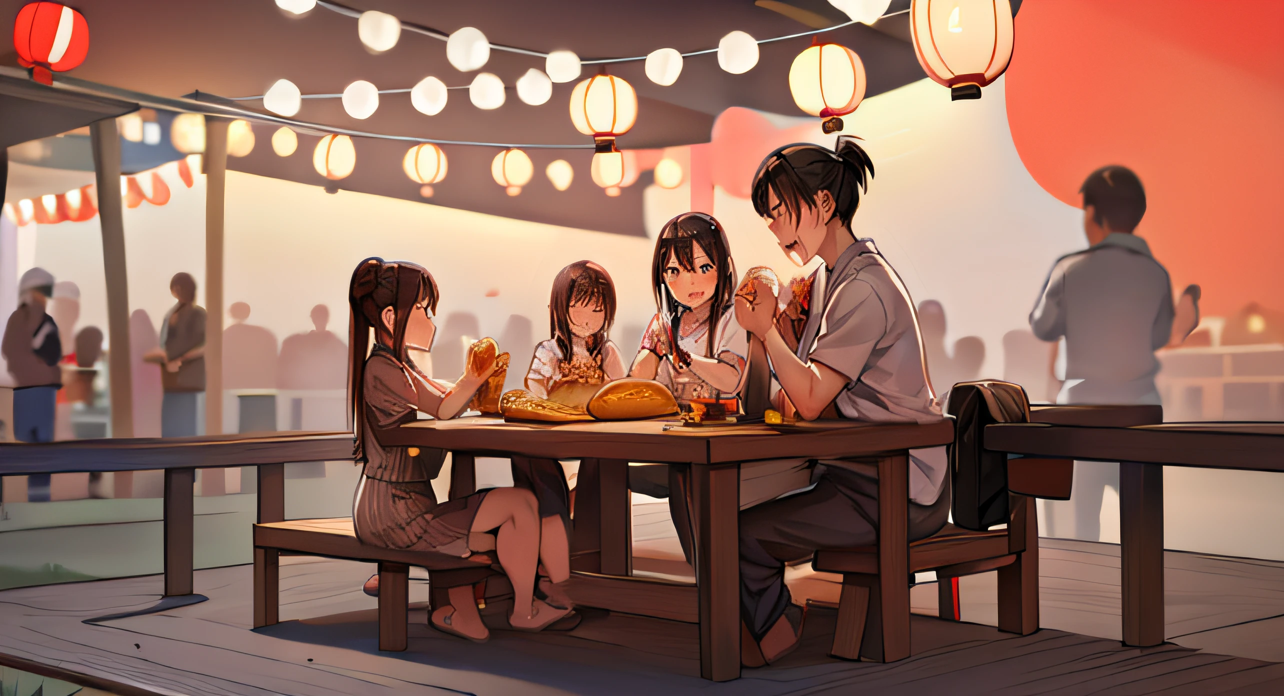 Some foreigners drink beer and eat bread on an outdoor table,Happiness overflows on the face,Hand drawn style,There are some Chinese lanterns in the background。