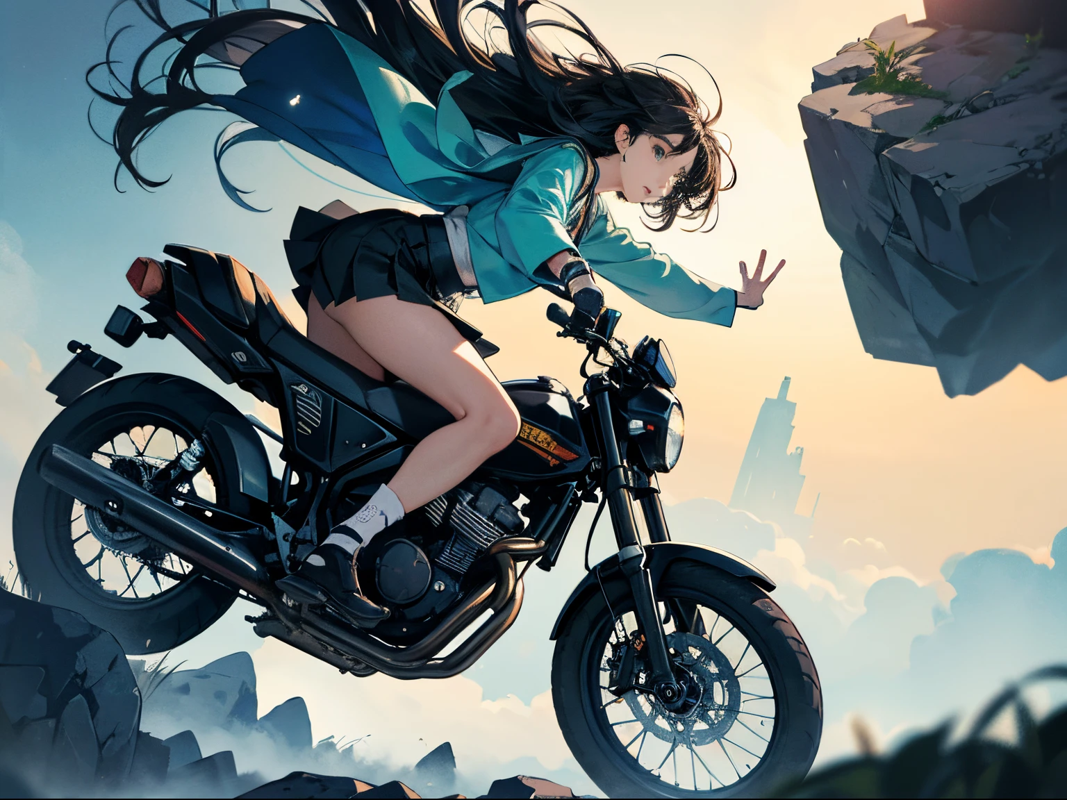 Haruhiko Mikimoto, James Jean, Surreal, mysterious, strange, fantastical, fantasy, Sci-fi, Japanese anime, beautiful miniskirt girl running up a steep cliff on a motorcycle, perfect voluminous body, black hair, long flowing hair, defying gravity, engine at full throttle, dynamism, action, hyper detailed masterpiece depth of field cinematic lighting hand drawings