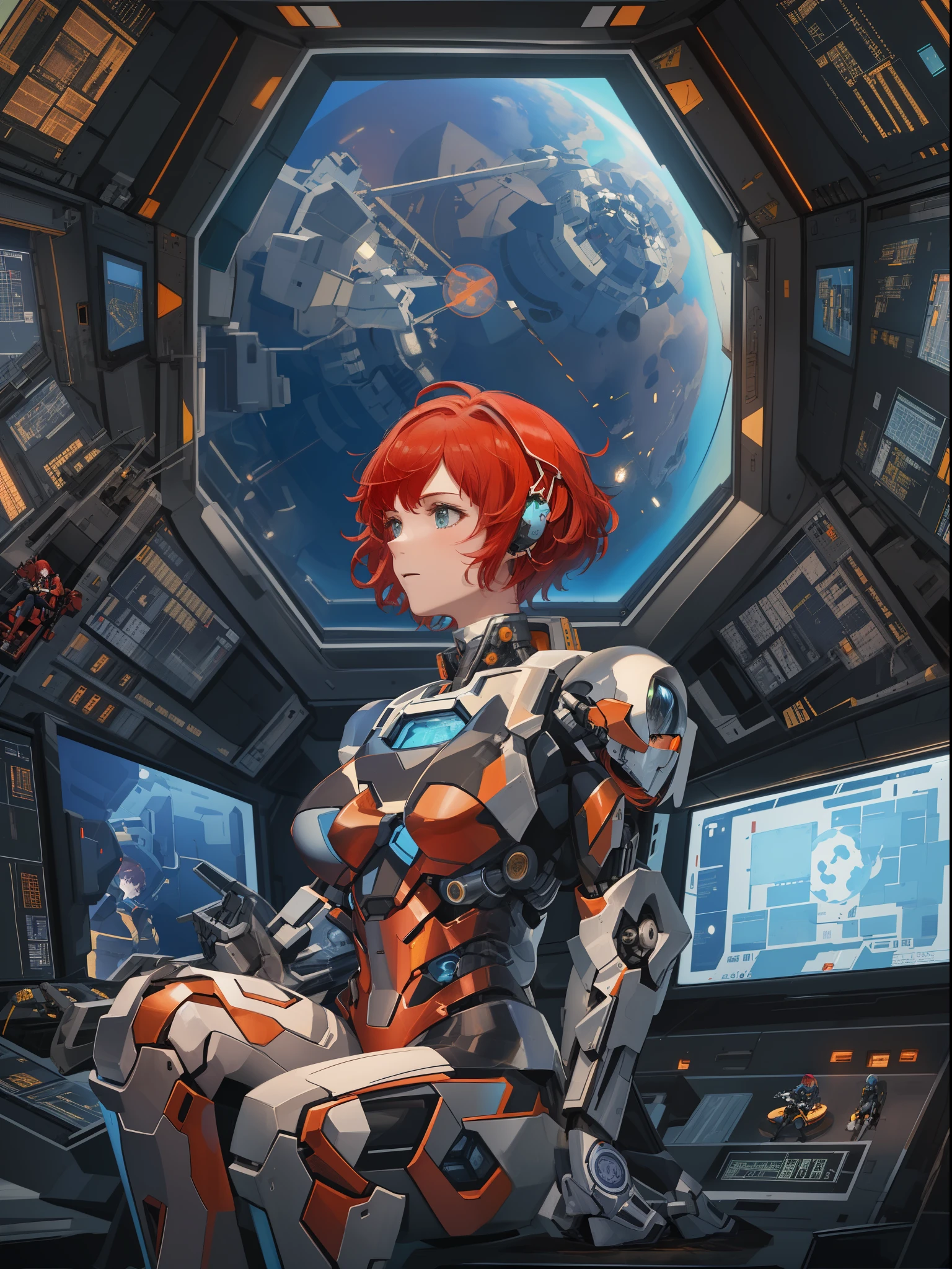 Absurd resolution, high resolution, (masterpiece: 1.4), hyper-detail, 1 young woman, short red hair, pilot suit, rich princess, sitting in an extremely narrow and closed mecha control room looking out the window, the window is the space universe can see the blue planet (1.5), the expression is excited, the mecha control room is in the universe