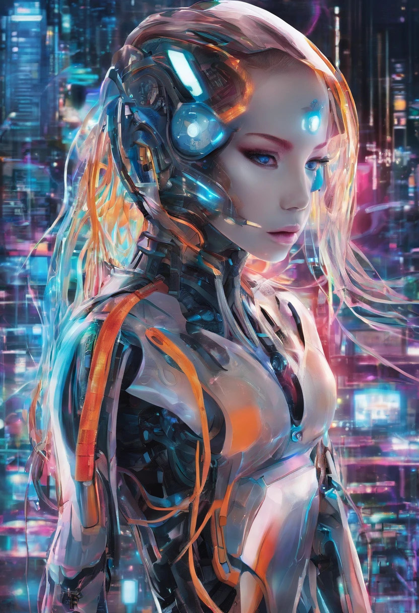 photo Raw, realistic, realism, Super detail, (female Protogen),cyberpunk,mechanical,glowing eyes,metallic surface,digital display,advanced technology,futuristic,neon lights,electromagnetic field,sharp edges,streamlined design,digital organism,biomechanical,mysterious atmosphere,glass visor,enhanced senses,energetic pose,invisible circuits,holographic projections,colorful wires,female cyborg
