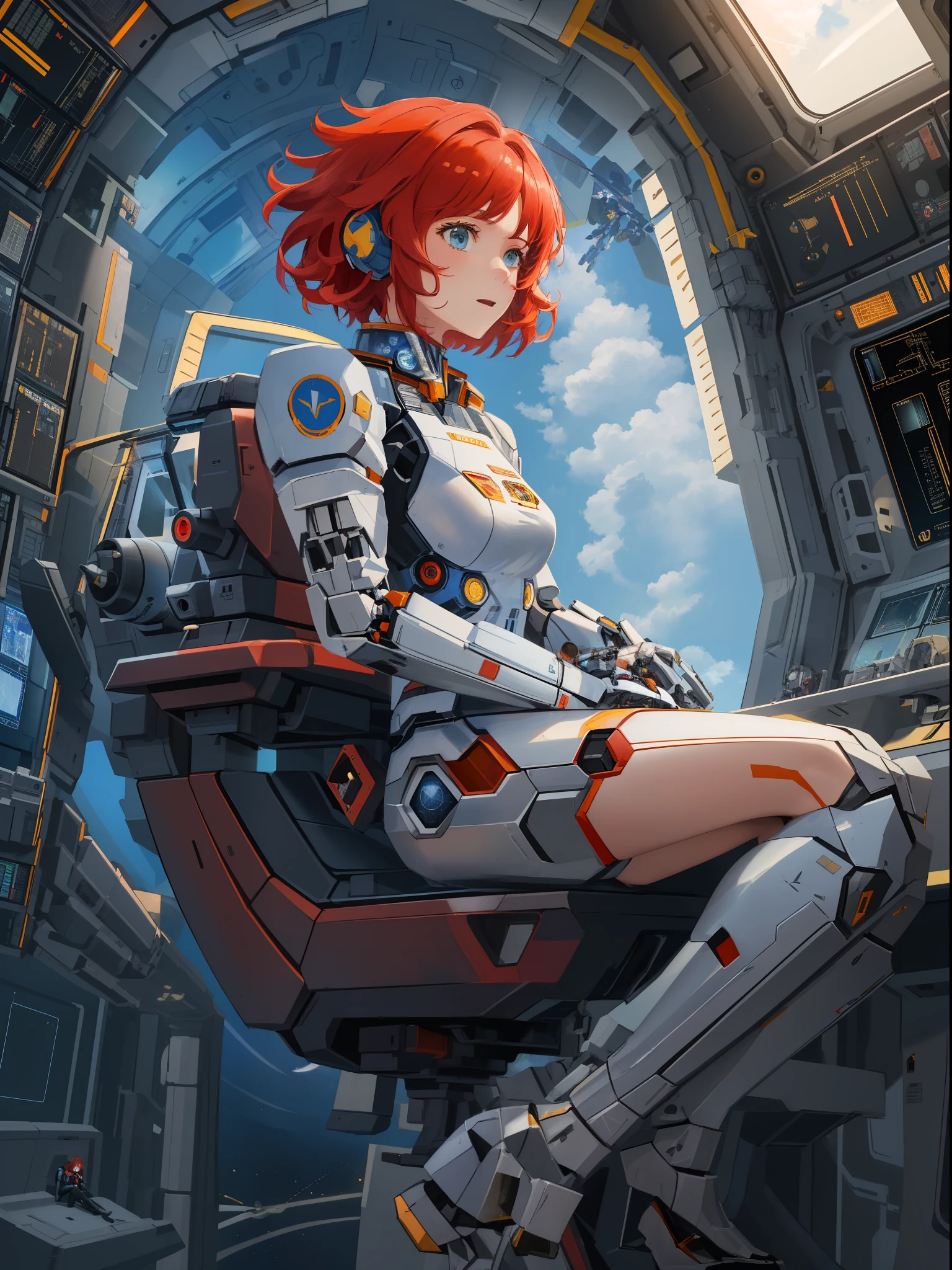 Absurd resolution, high resolution, (masterpiece: 1.4), hyper-detail, 1 young woman, short red hair, pilot suit, rich princess, sitting in an extremely narrow and closed mecha control room looking out the window, the window is the space universe can see the blue planet (1.5), the expression is excited, the mecha control room is in the universe