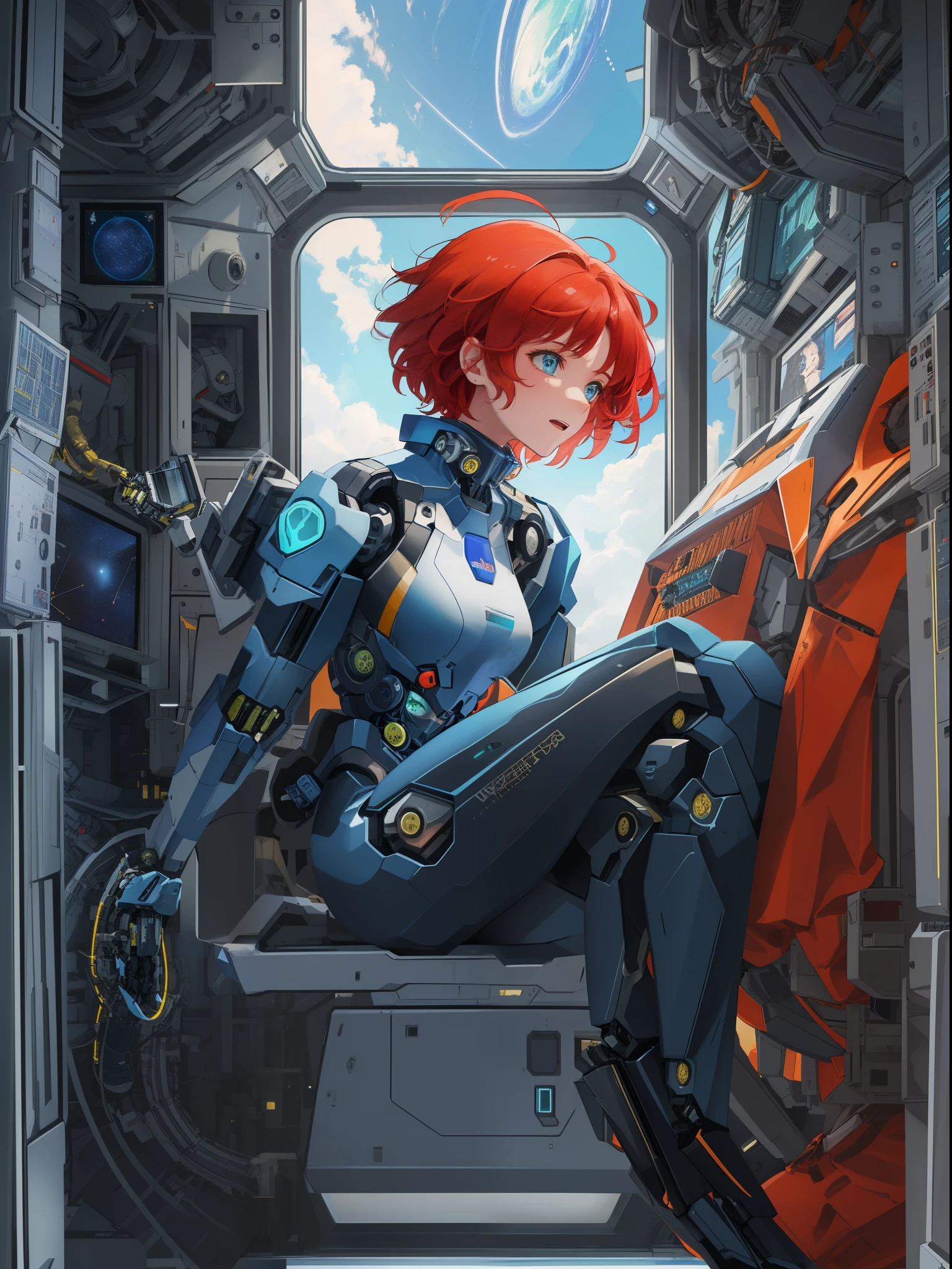 Absurd resolution, high resolution, (masterpiece: 1.4), hyper-detail, 1 young woman, short red hair, pilot suit, rich princess, sitting in an extremely narrow and closed mecha control room looking out the window, the window is the space universe can see the blue planet (1.5), the expression is excited, the mecha control room is in the universe