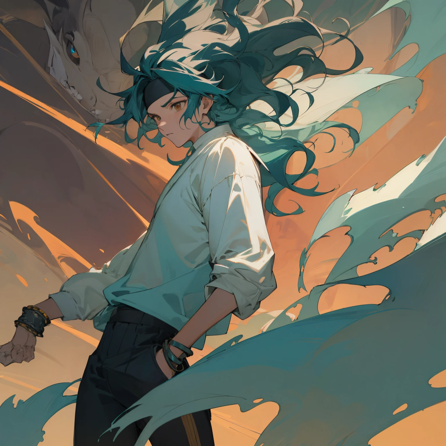 Medium Length Spiky Wavy hair , headband , bracelet , Teal Colored Hair , brown eyes , White Longsleeve shirt and black pants , martial Arts Outfit, Modern Tournament Arena Background , standing infront of street , Messy Hair , 1male , Teen Male , Lean Muscular Build , Masterpiece Quality , perfect generation
