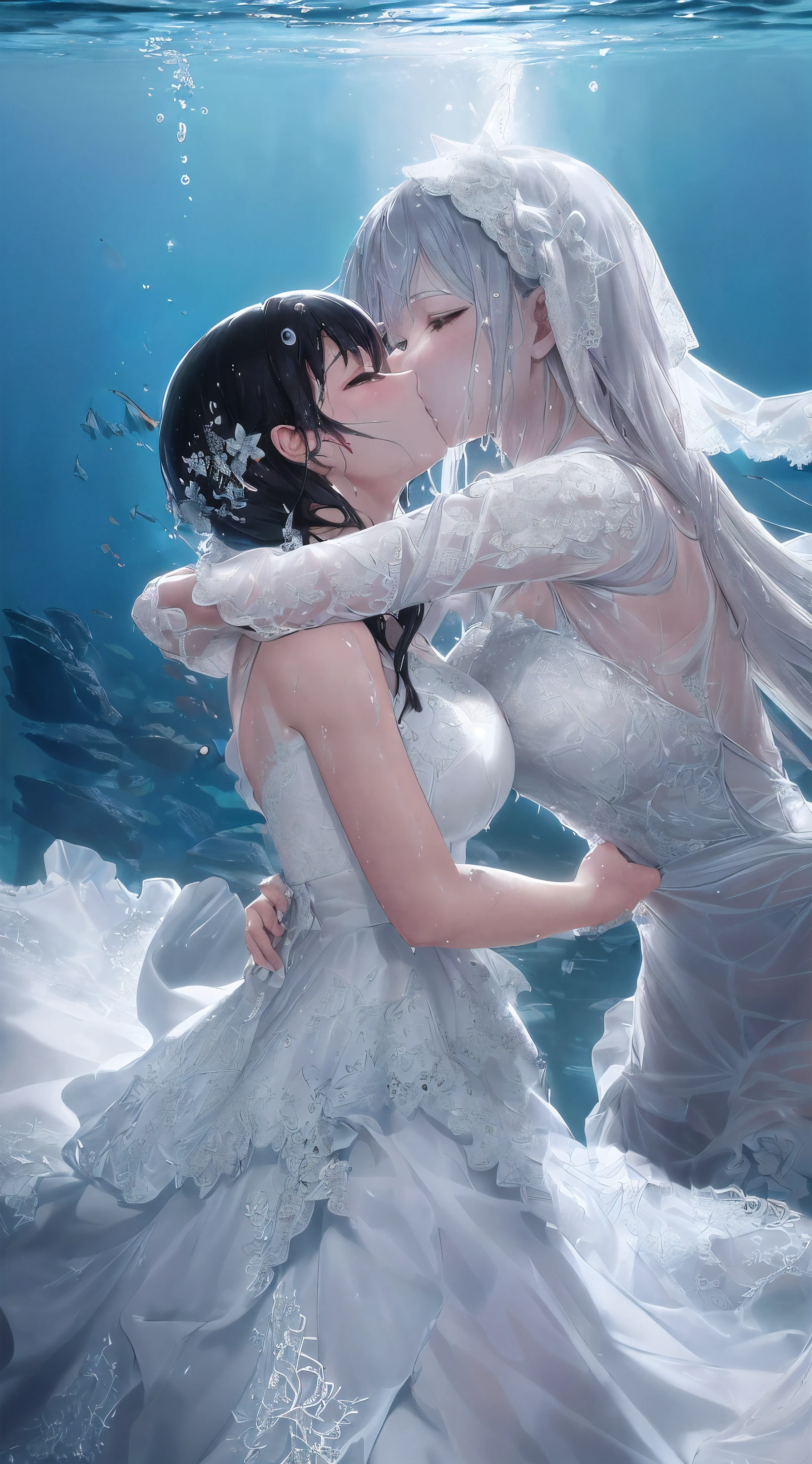 Transparent,((((Soggy translucent beauty white wedding dress, Lace pattern , Embroidery, very long dress))),Best frills, The best wrinkles), Best shadow, floating dress, 8K resolution, Anime art wallpaper 4k, hd anime wallpaper