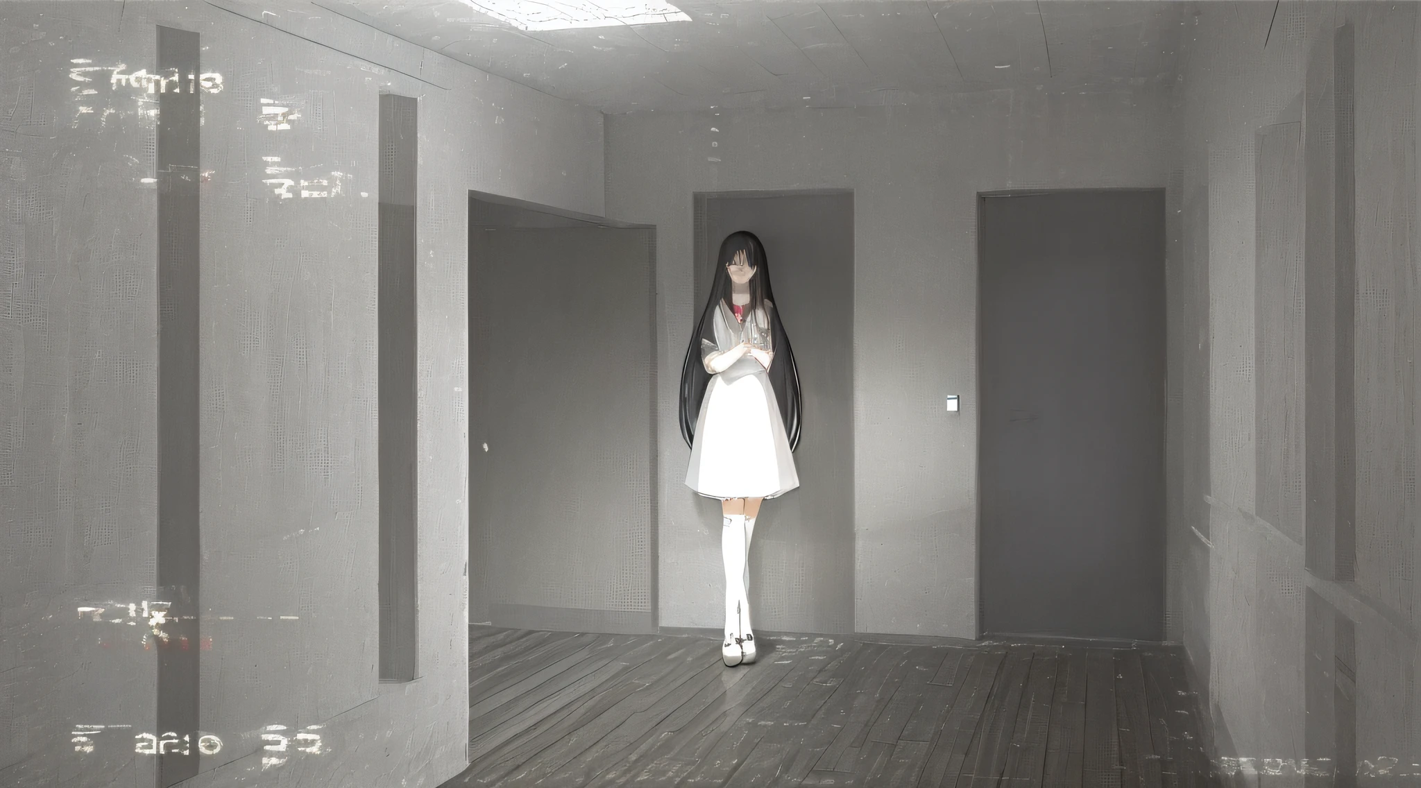 masterpiece, best quality,ultra-detailed,  ((sadako_yamamura)),  whitedress, 1girl,liminal space,backroom, creepy atmosphere, (creature in far corner), vhs static,  bckrshot,((girl in the dark)),