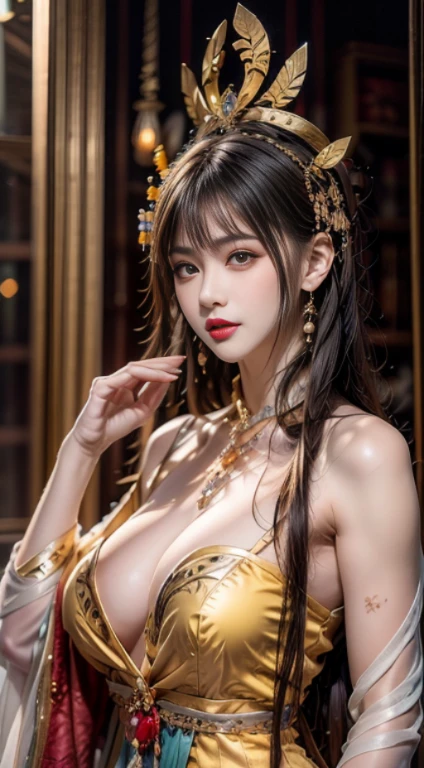 ((realisticity: 1.2)), ((best resolution: 8K UHD)), best quality,masterpiece,highres,cg,
((1 super detailed and super realistic girl)), ((very beautiful queen dazzling, super realistic, and super detailed)), long hair, ((super realistic and super detailed dress)), solo, ((super realistic, super beautiful, gorgeous and super detailed jewelry)), ((super beautiful, super realistic and super detailed dark blue and golden yellow dress)),
((super beautiful, super realistic, super detailed diamond filled earrings)),
  ((super beautiful, super realistic and super detailed diamond filled hair ornament)), ((super beautiful upper body, super beautiful, super realistic and super detailed)), ((big breasts: 2.5)), 
((super grand, super realistic and super detailed royal palace backgroun))
((super beautiful, super beautiful, super realistic and super detailed hair bun)), ((super beautiful, super realistic and super detailed blue hair)),
candid, Photograph, high resolution, 8k,Bokeh,