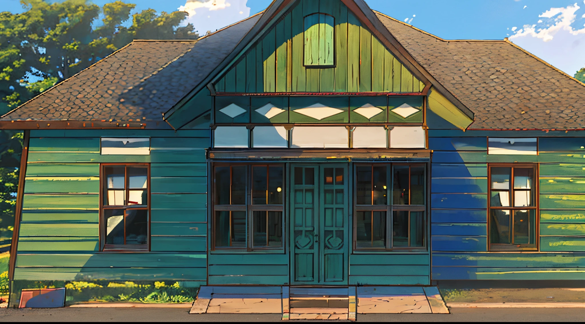 a cartoon picture of a small white house with a green door, old house, house illustration, wooden house, house background, location of a dark old house, old building, cottage, house's and shops and buildings, saloon exterior, storefront, train station background, office/thrift store/social hall, frontview, house on background, wooden cottage, there is a blue fire hydrant in front of a white house, old house, frontview, front side, colonial house in background, preserved historical, old building, front view, location of a dark old house, peaceful wooden mansion, 2 0 0 0's photo, captured on canon eos r 6, old abandoned house, wooden house, dilapidated house, anime, aime style, makoto shinkai style, 4k, 4k detailed,\