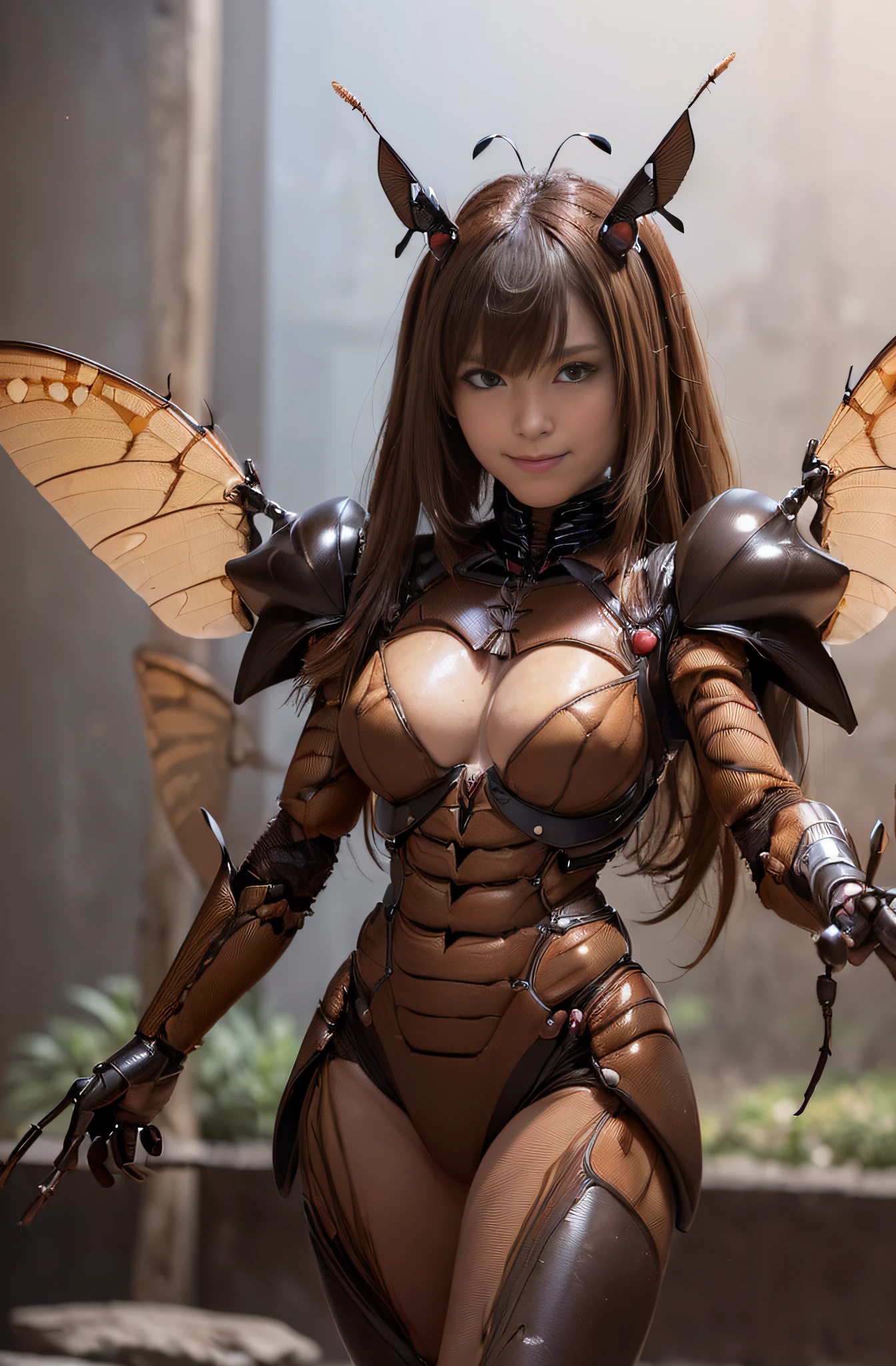 (high resolution,masterpiece,best quality,extremely detailed CG, anime, official art:1.4), realistic, photo, amazing fine details, all intricate, gloss and shiny,awesome many layers, 8k wall paper, 3d, sketch, kawaii, illustration,( solo:1.4), perfect female proportion,villainess, (fusion of dark brown cockroach and lady:1.4), (brown cockroach form lady:1.2), (brown cockroach lady:1.2), (fusion:1.2), (solo:1.4), (evil smile:1.2), muscular, abs, (cockroach brown exoskeleton bio insect suit:1.4), (cockroach brown exoskeleton bio insect armor:1.2), (brown transparency cockroach wing:1.4), (brown cockroach antennae:1.3),