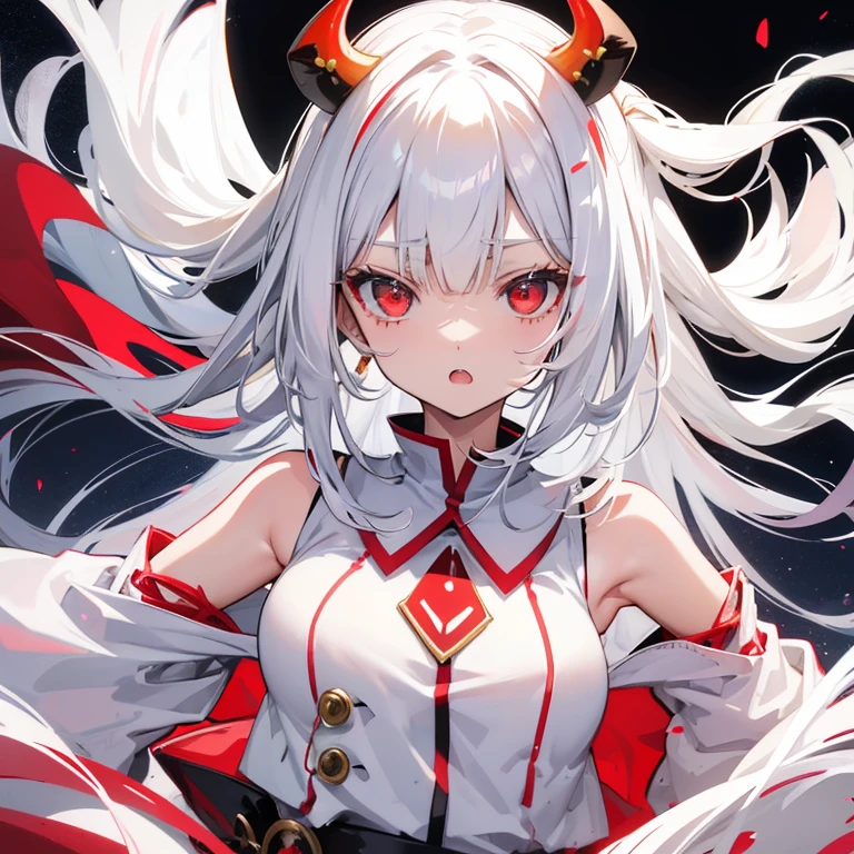 Red eyes white long hair colour at the end, she has a complex fair white pale skin, she has red horns antler glows, on her chest there's a orb symbols star that glows and stripes glows like veins red on her chest, she is wearing a white tattered cloak and she is half Humanoid robotic parts