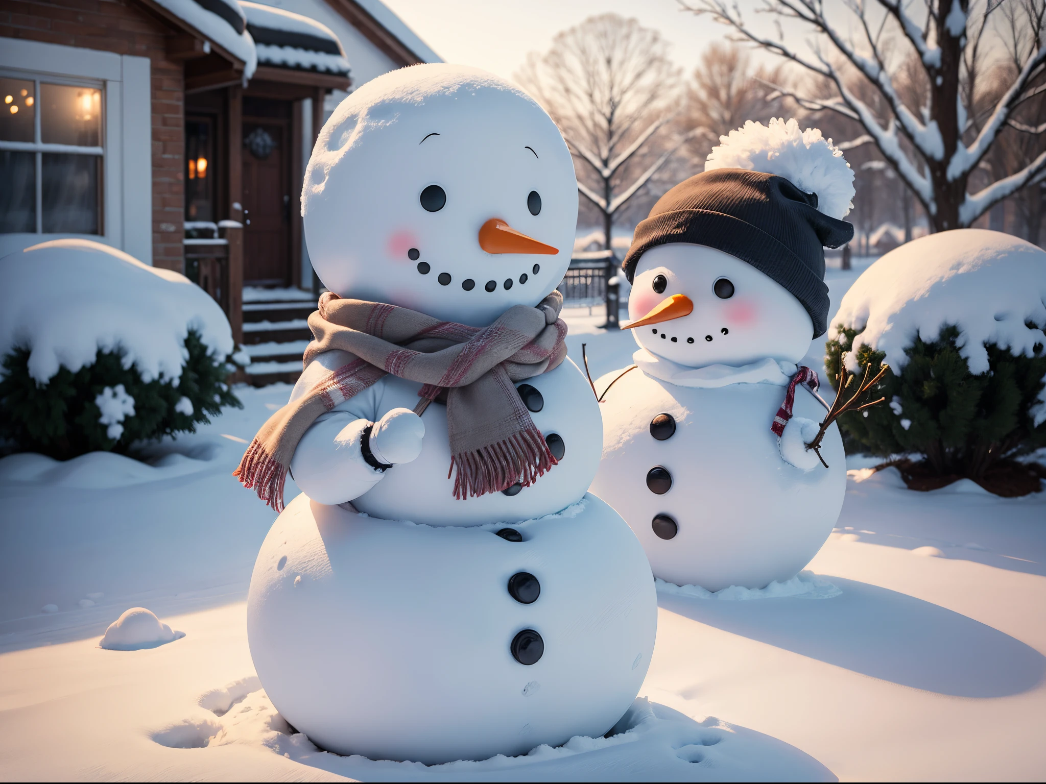 (masterpiece, best quality), best resolution, snowman in front yard, winter, snowy day