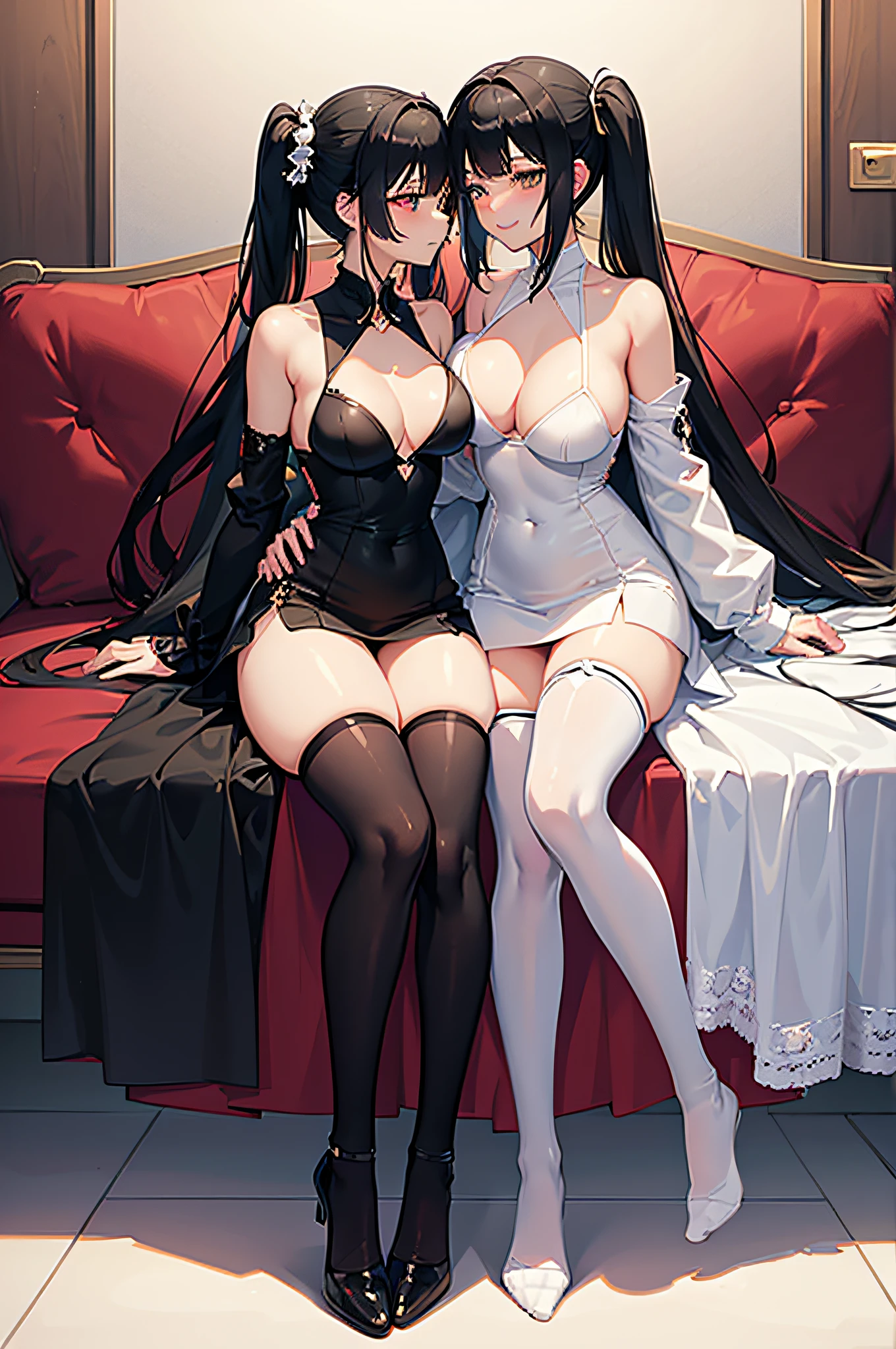 Two anime women of the same height kissing indoors, NSFW, Surreal 18-year-old beautiful girl, Anime 18 Year Old Beautiful Girl, Seductive Anime Girl,  Hugging and kissing, Smooth Anime CG Art, ((Girl with black hair, Girl with Twin Tails, Cropped bangs, emerald eyes, Wear black knee socks, White lace pants)), nudde, Blushing, seducing smile, oppai, small curvy loli, [ 4 k digital art ]!!, ((with very massive breasts))